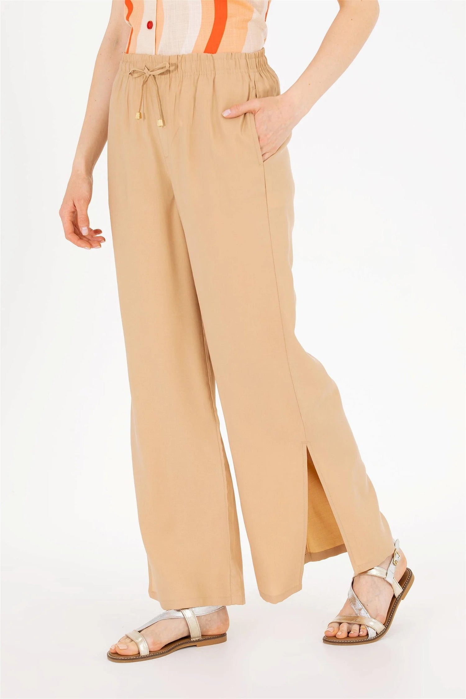 Beige Wide Leg Palazzo Trouser With Side Slits