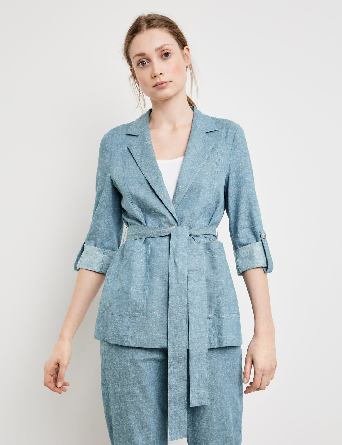Blazer With 3/4-Length Sleeves, Made Of Blended Linen
