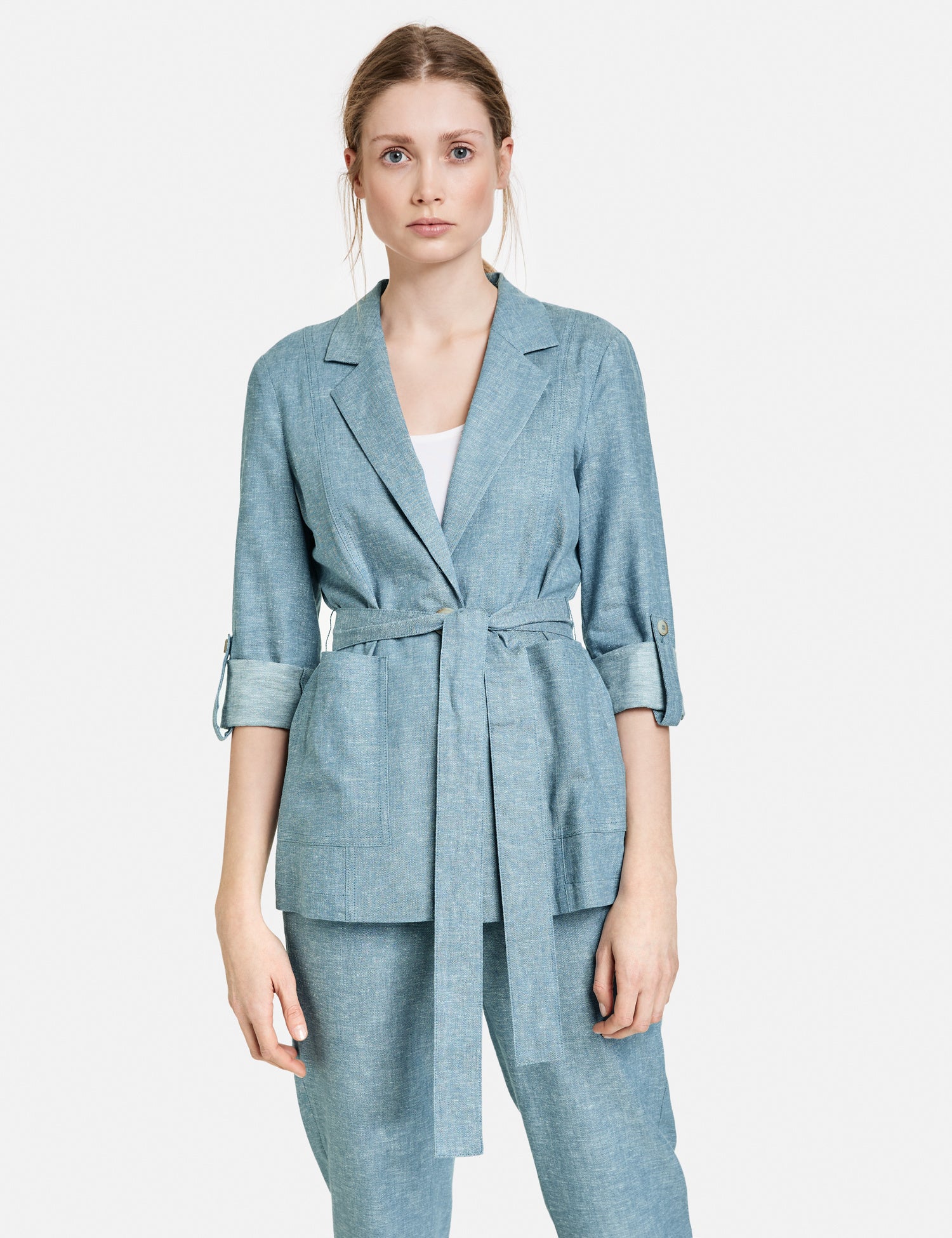 Blazer With 3/4-Length Sleeves, Made Of Blended Linen