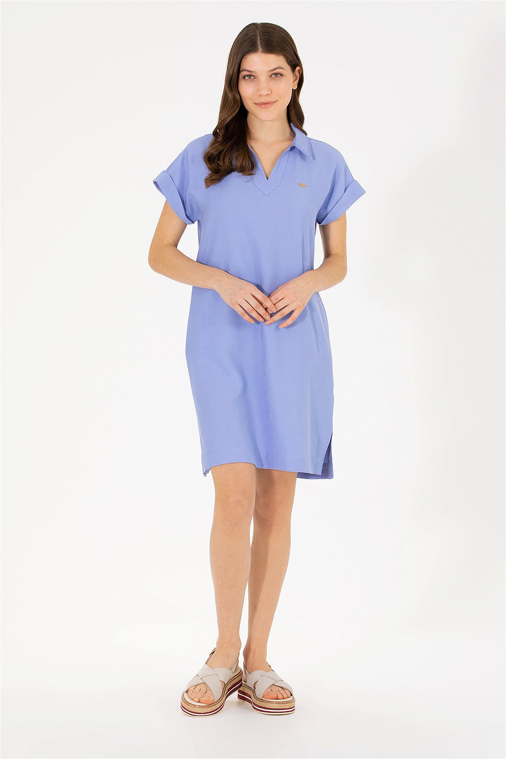 Blue Short Shirt Dress With Short Sleeves