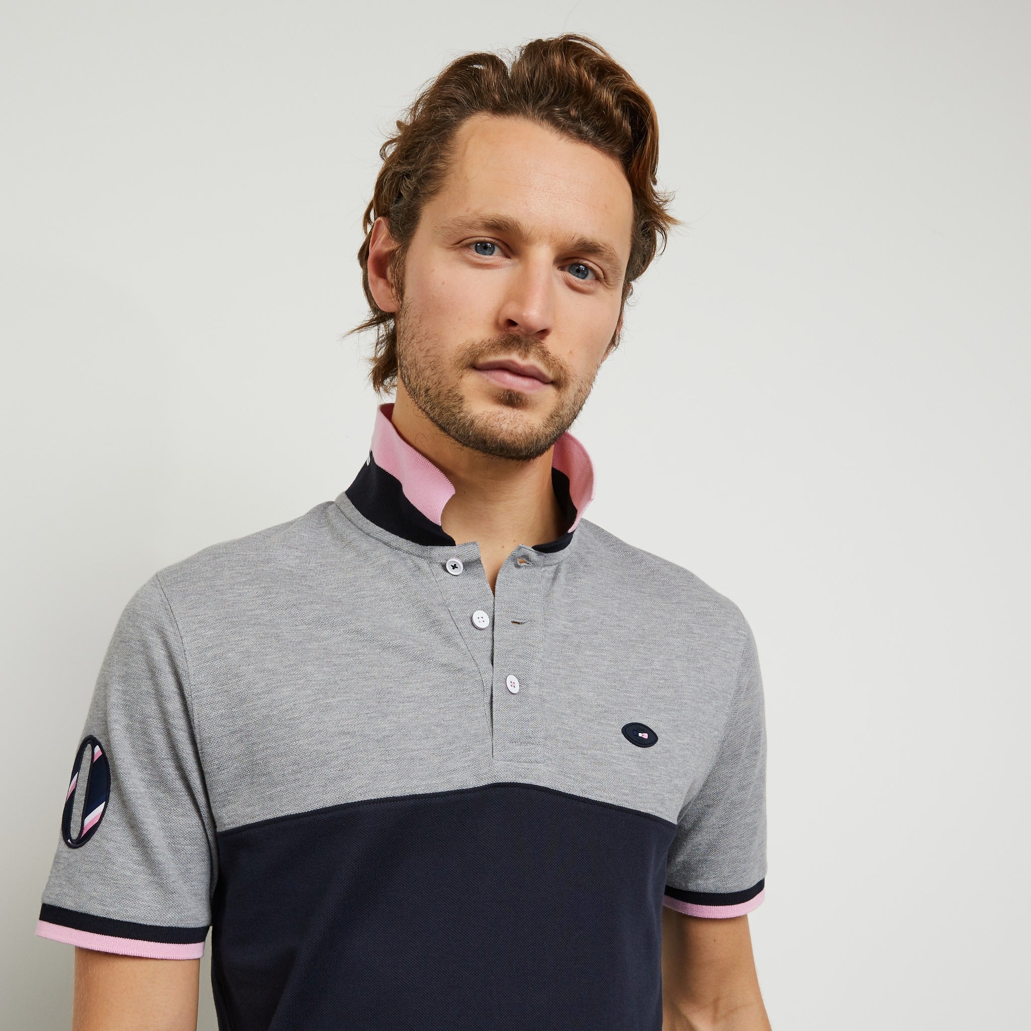 Grey Colour-Block Polo With No. 10 Embroidery