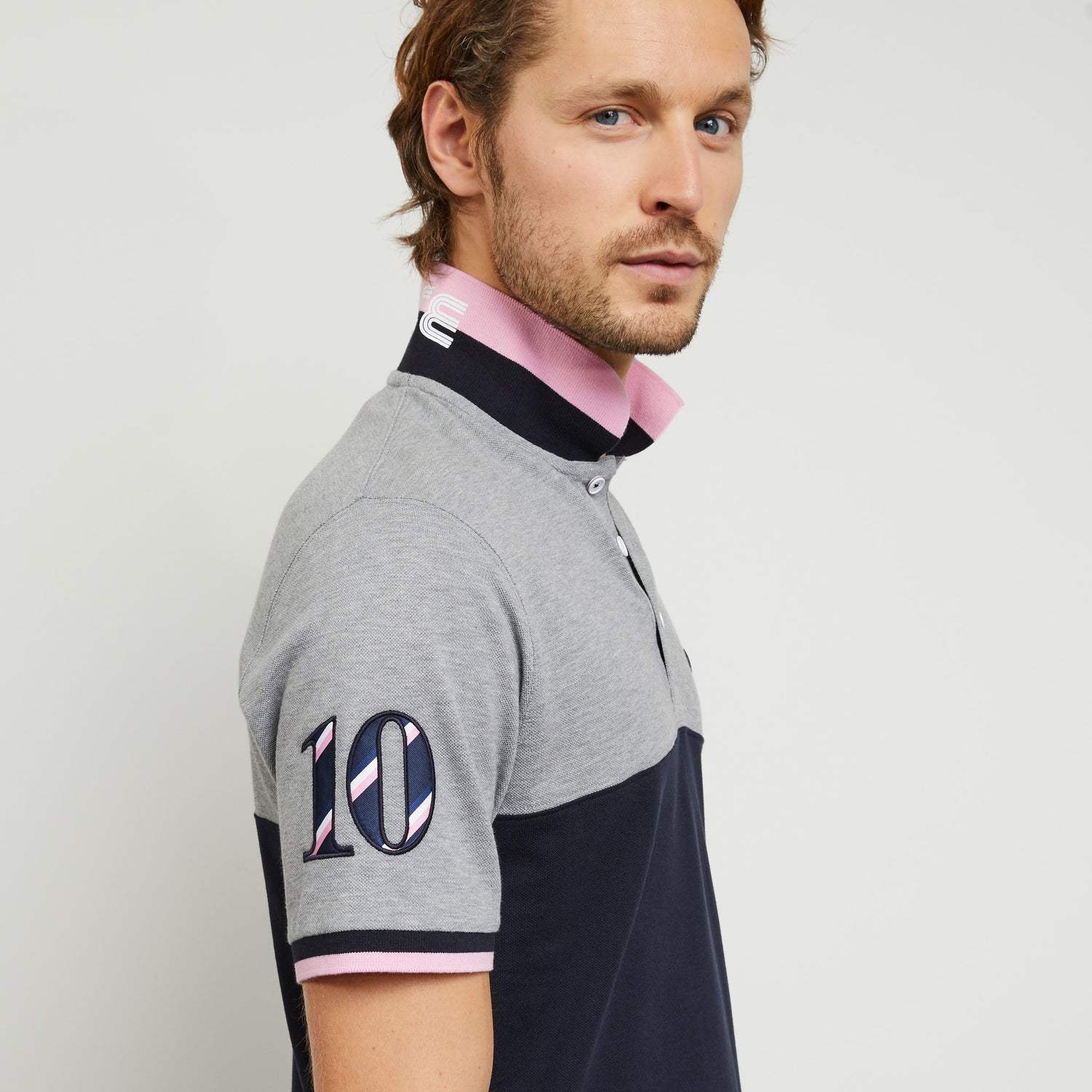 Grey Colour-Block Polo With No. 10 Embroidery