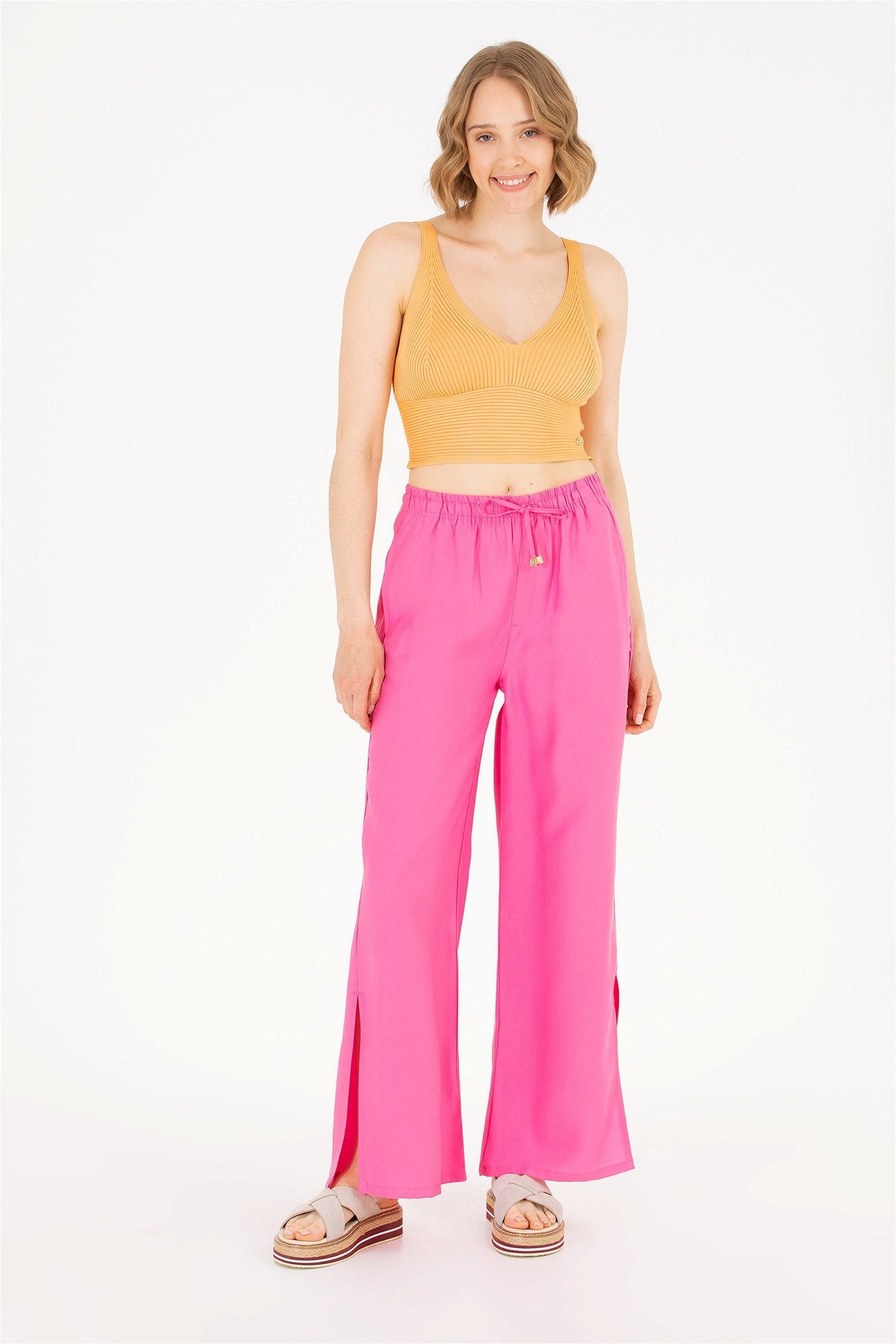 Pink Wide Leg Palazzo Trouser With Side Slits