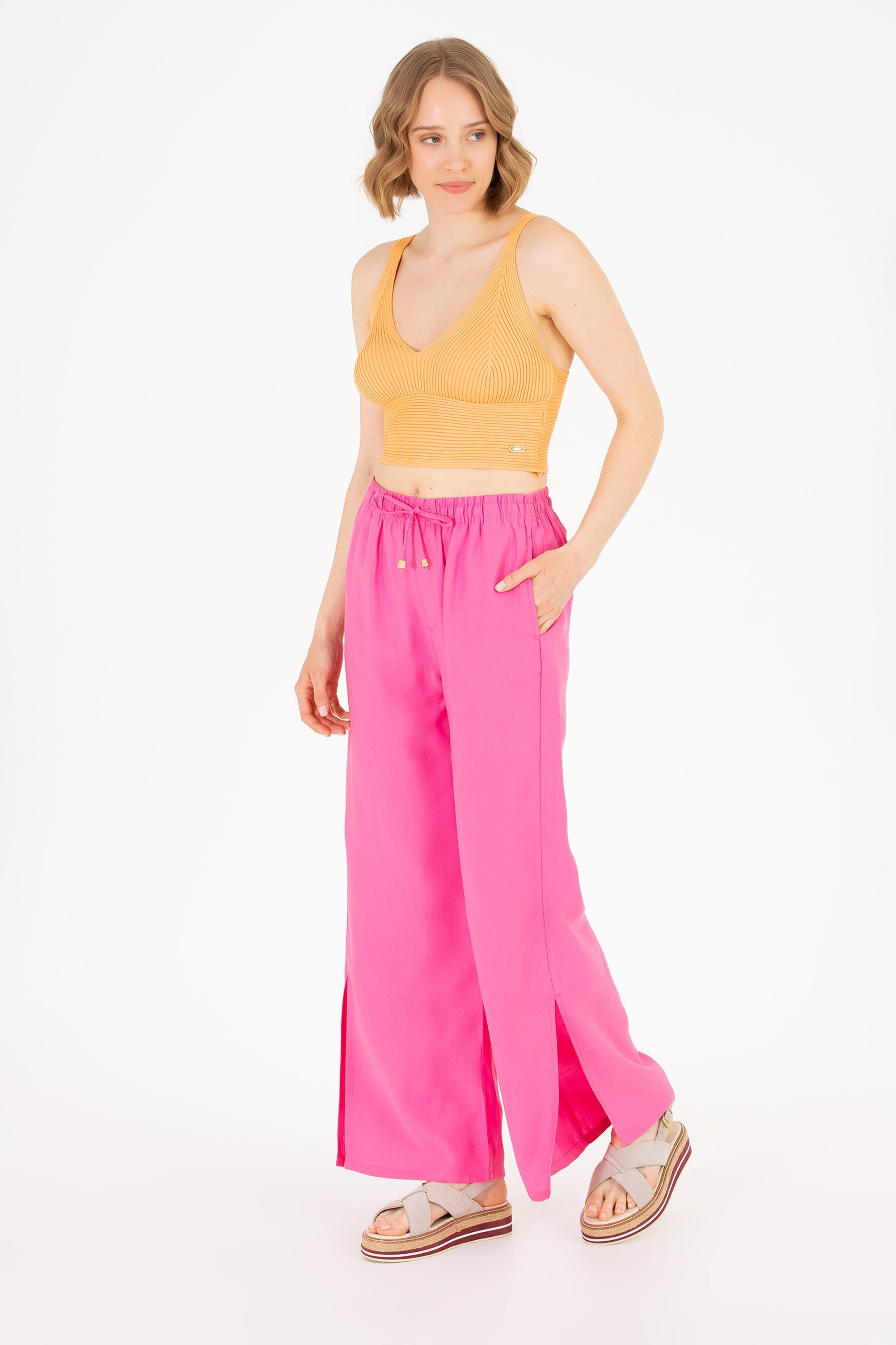 Pink Wide Leg Palazzo Trouser With Side Slits