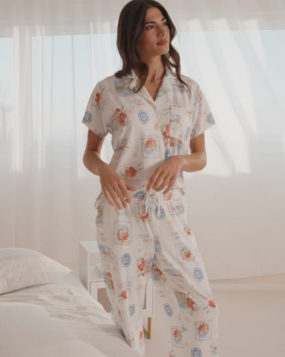 La Vie en Rose Snow White Peaches Women Dolce Vita Print Super Soft Short Sleeve Button-down Shirt SKU: 40100867_P10607 Video