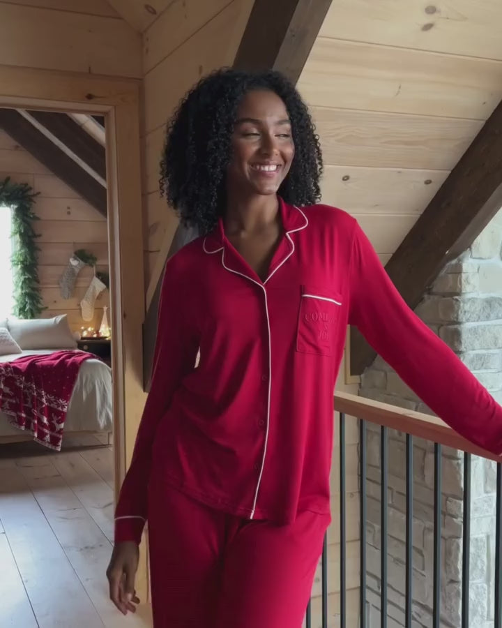 La Vie en Rose_Savvy Red_Comfort &amp; Joy Print Super Soft Button-Down Shirt_40100810_60215_Vid