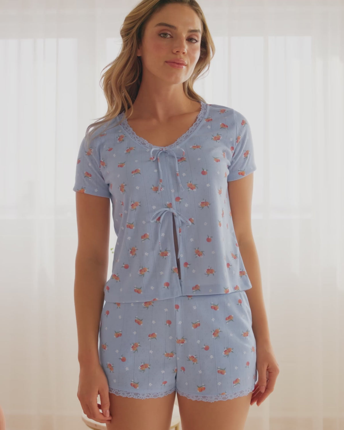 La Vie en Rose Xenon Blue Peach Women Peach Print Lace Trim Pointelle Tie-Front T-Shir SKU: 40100871_P40576 Video