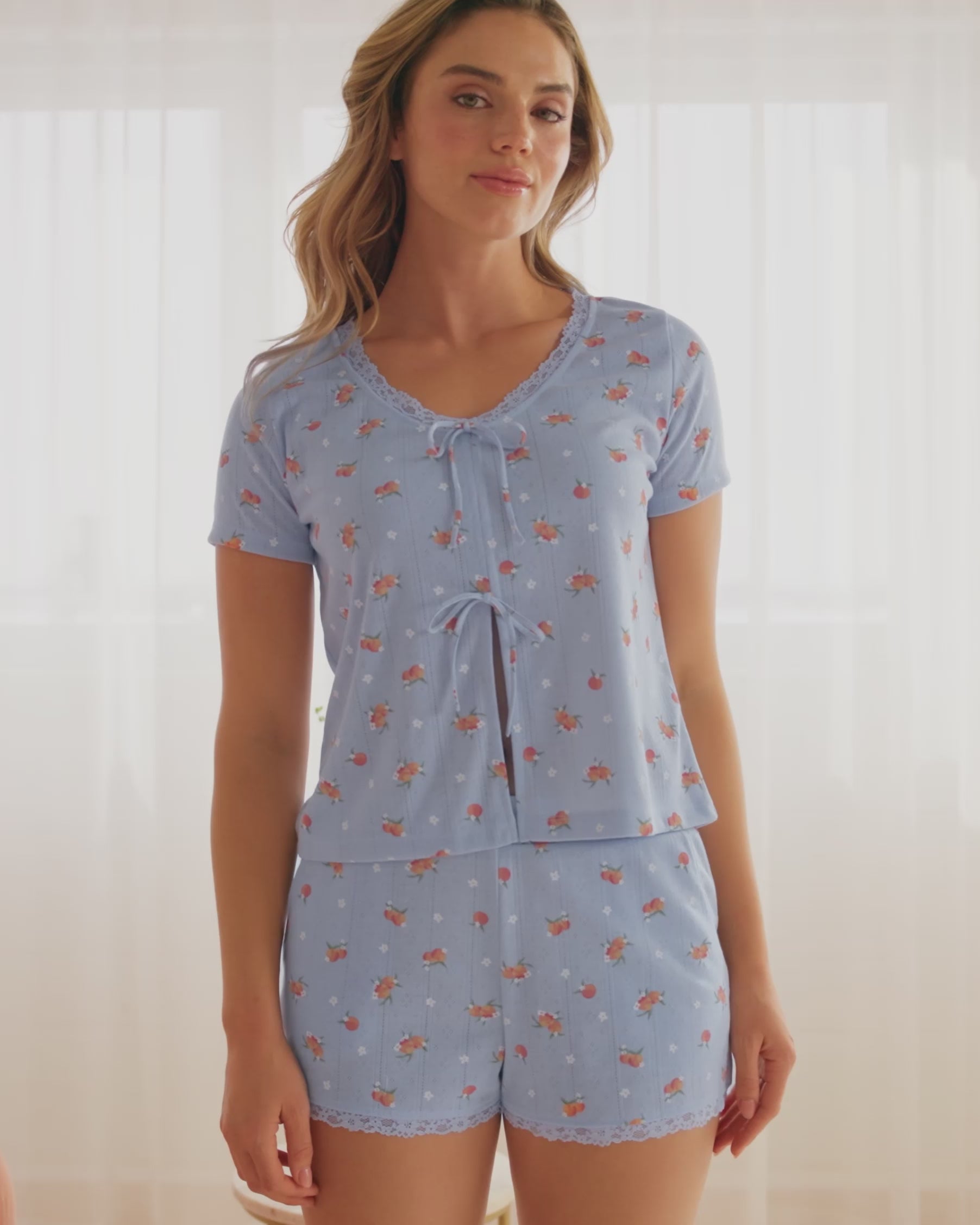 La Vie en Rose Xenon Blue Peach Women Peach Print Lace Trim Pointelle Tie-Front T-Shir SKU: 40100871_P40576 Video