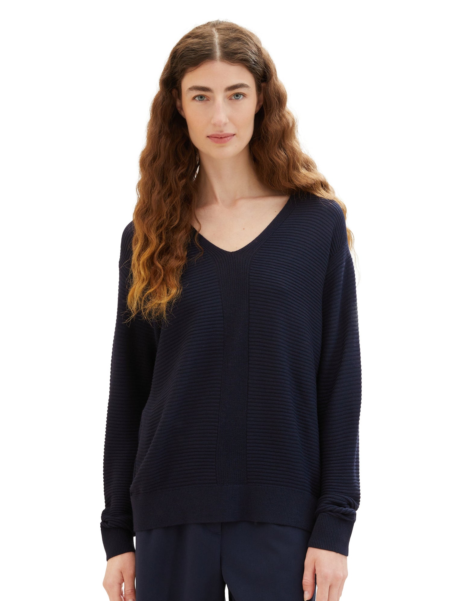 Knit Rib V Neck Pullover_1037752_10668_05