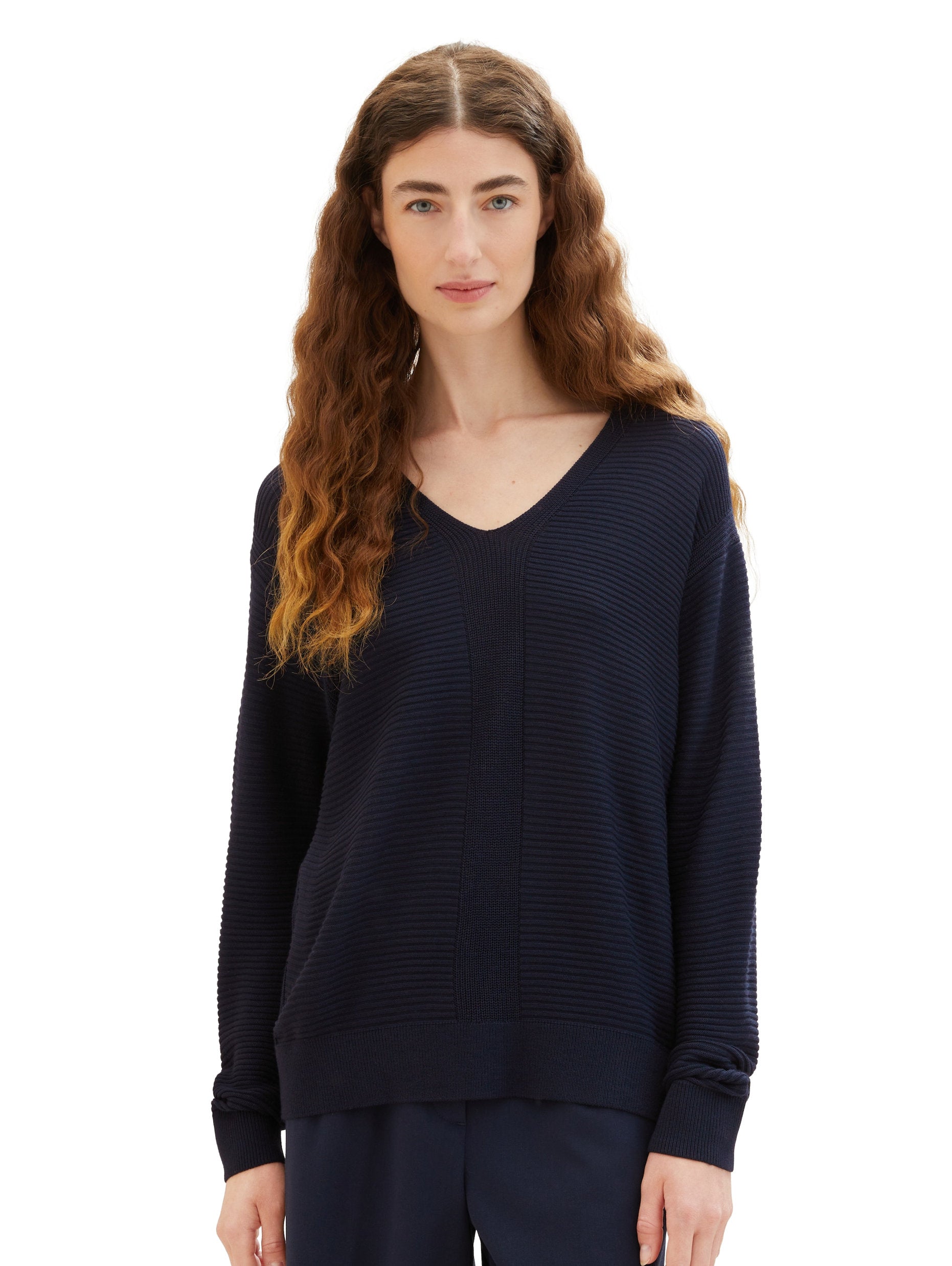 Knit Rib V Neck Pullover_1037752_10668_05