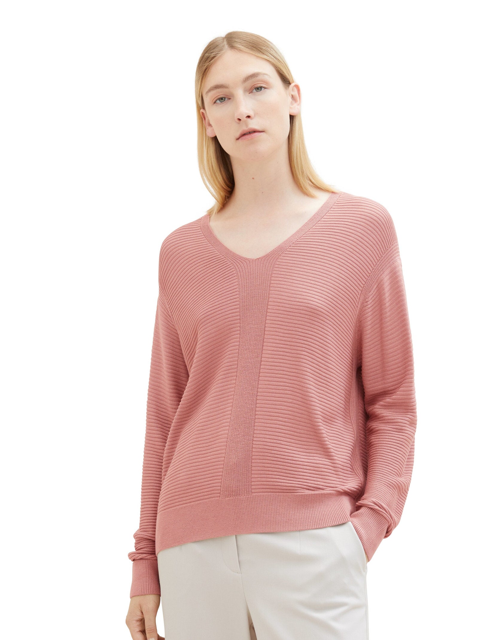 Knit Rib V Neck Pullover_1037752_32224_02