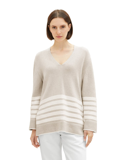 Knit Striped V Neck Sweater_1037760_32398_02