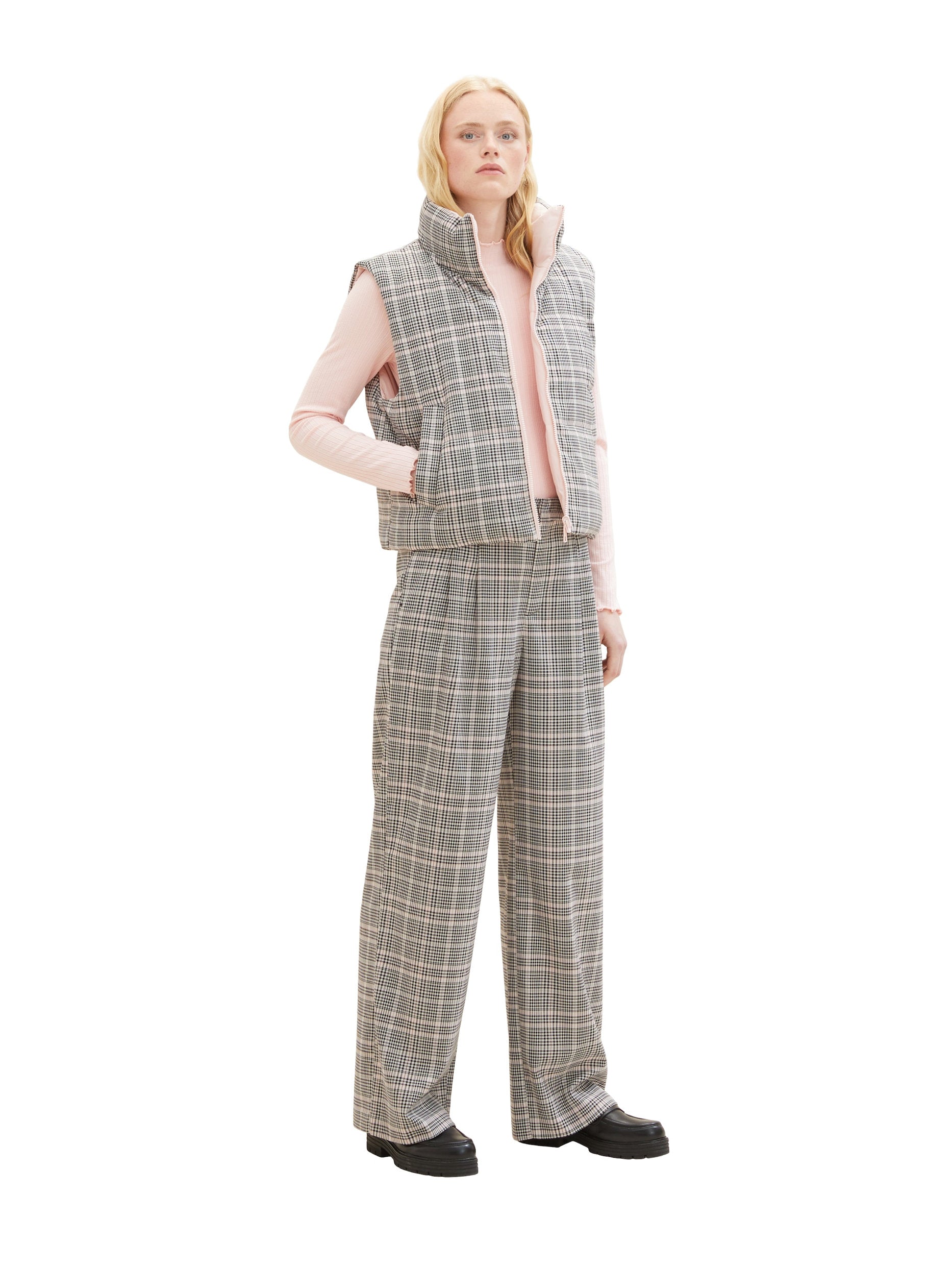 Checkered Wide Leg Dress Trousers_1038218_32456_04