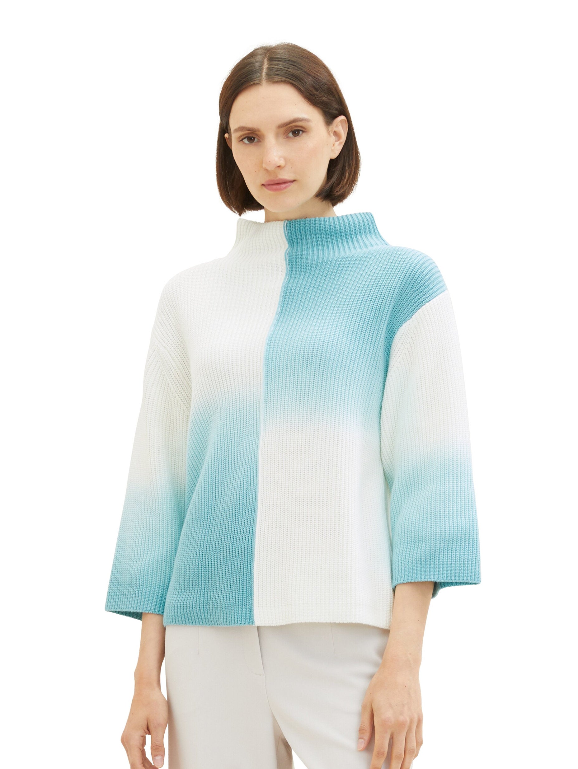 Color Block 3/4 Sleeve Sweater With High Collar_1038694_33797_05