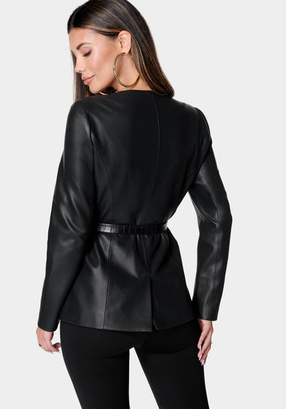 Vegan Leather Fitted Jacket With Belt_106351_Black_3