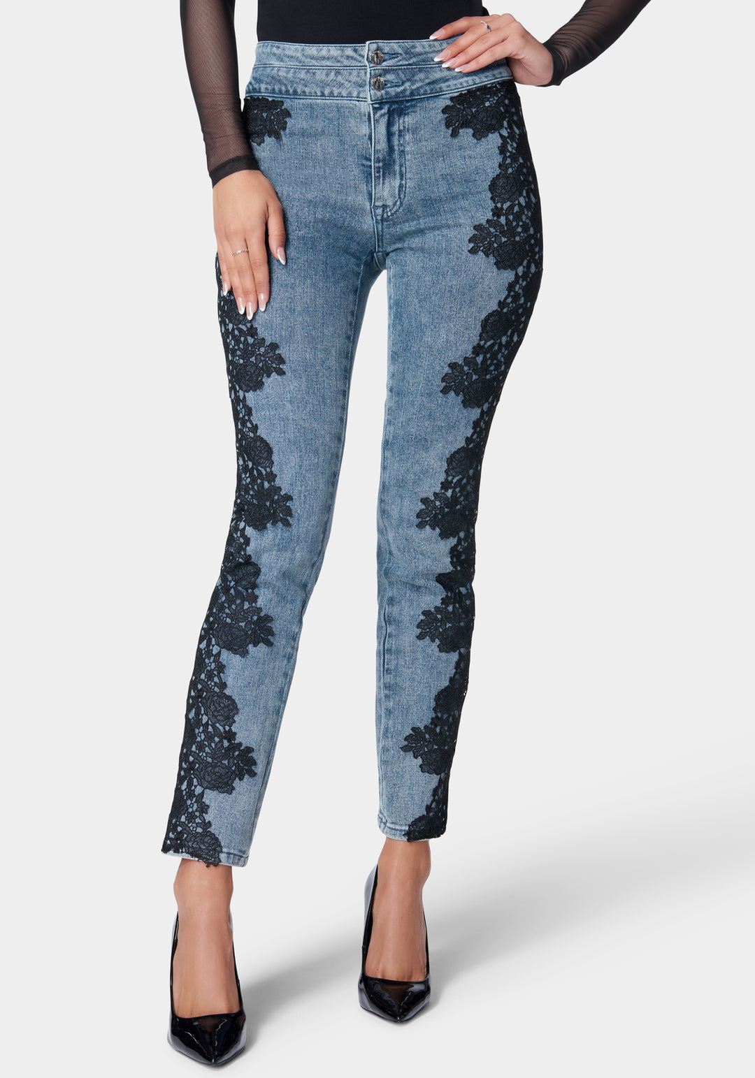 High Waist Lace Applique Slim Leg Denim Jeans_106363_River Blue Wash_2