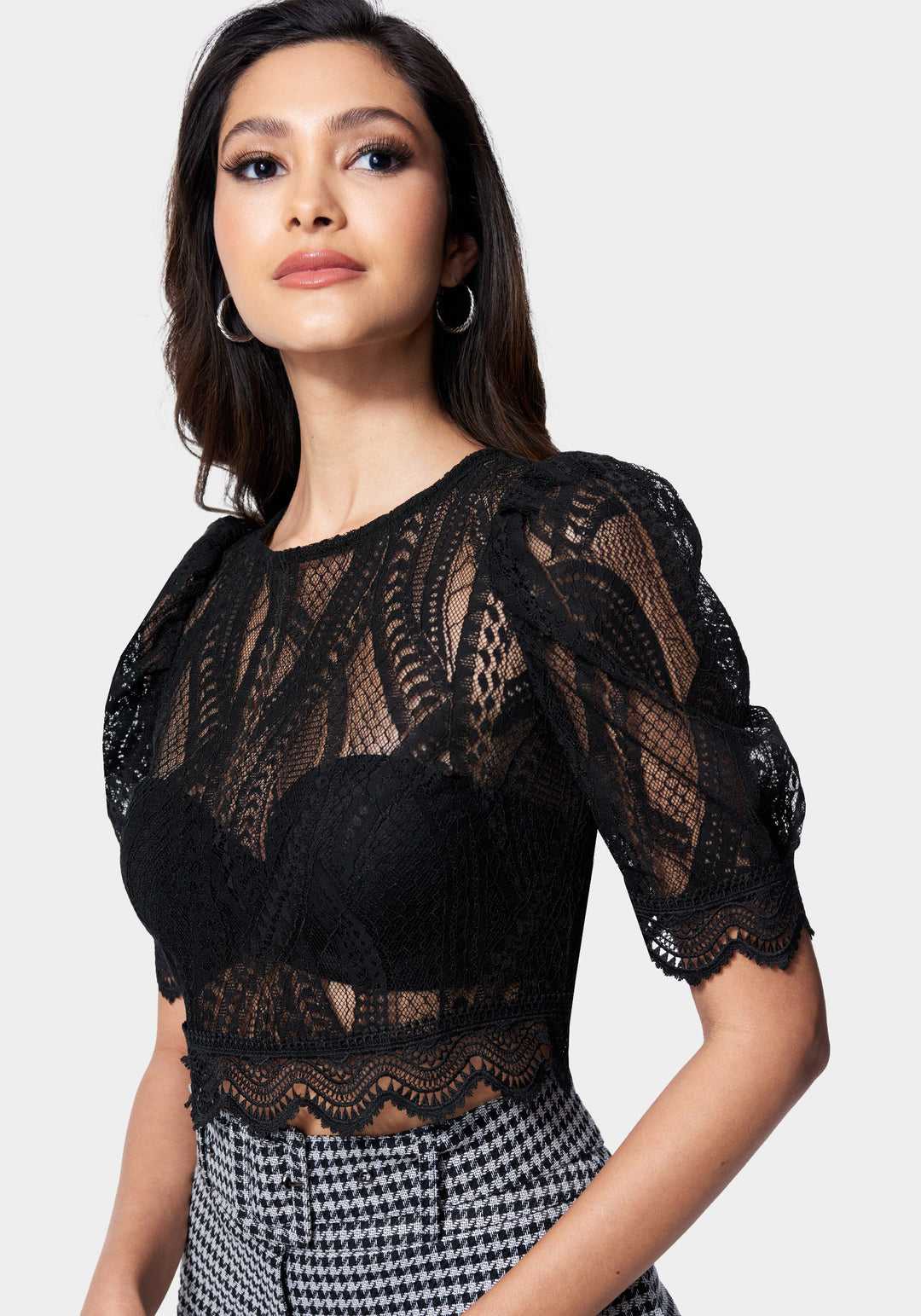 Black Open Lace Puff Sleeve Top