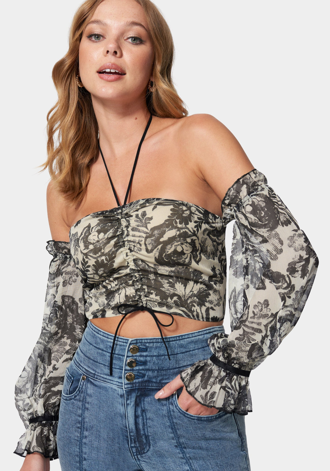 Sketch Floral Print Cropped Cinched Blouse