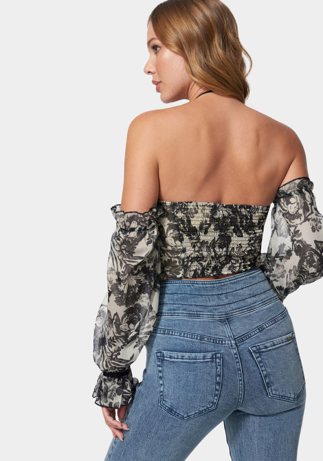 Sketch Floral Print Cropped Cinched Blouse