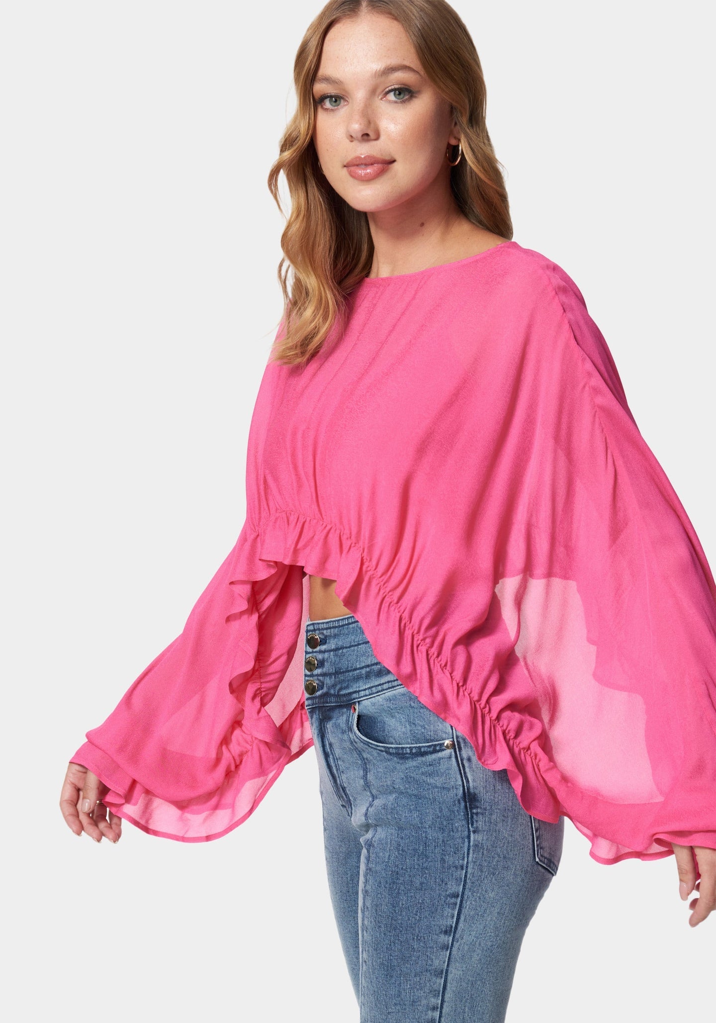 Pink Chiffon Ruffle Hem Overlay Blouse