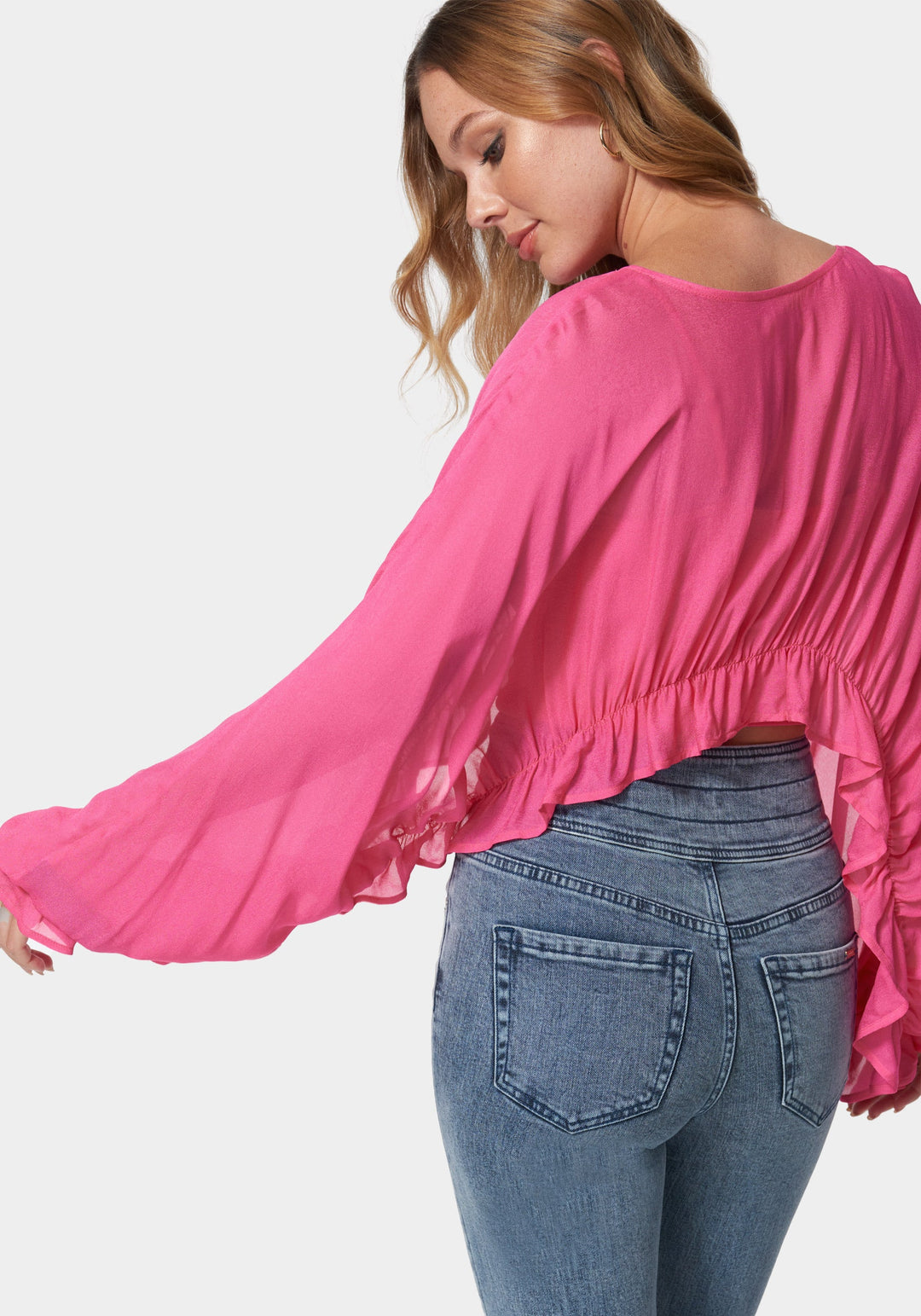 Pink Chiffon Ruffle Hem Overlay Blouse