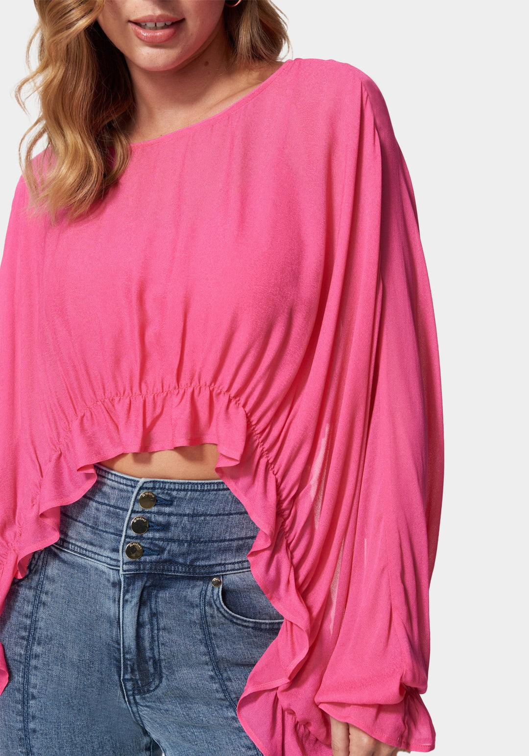 Pink Chiffon Ruffle Hem Overlay Blouse