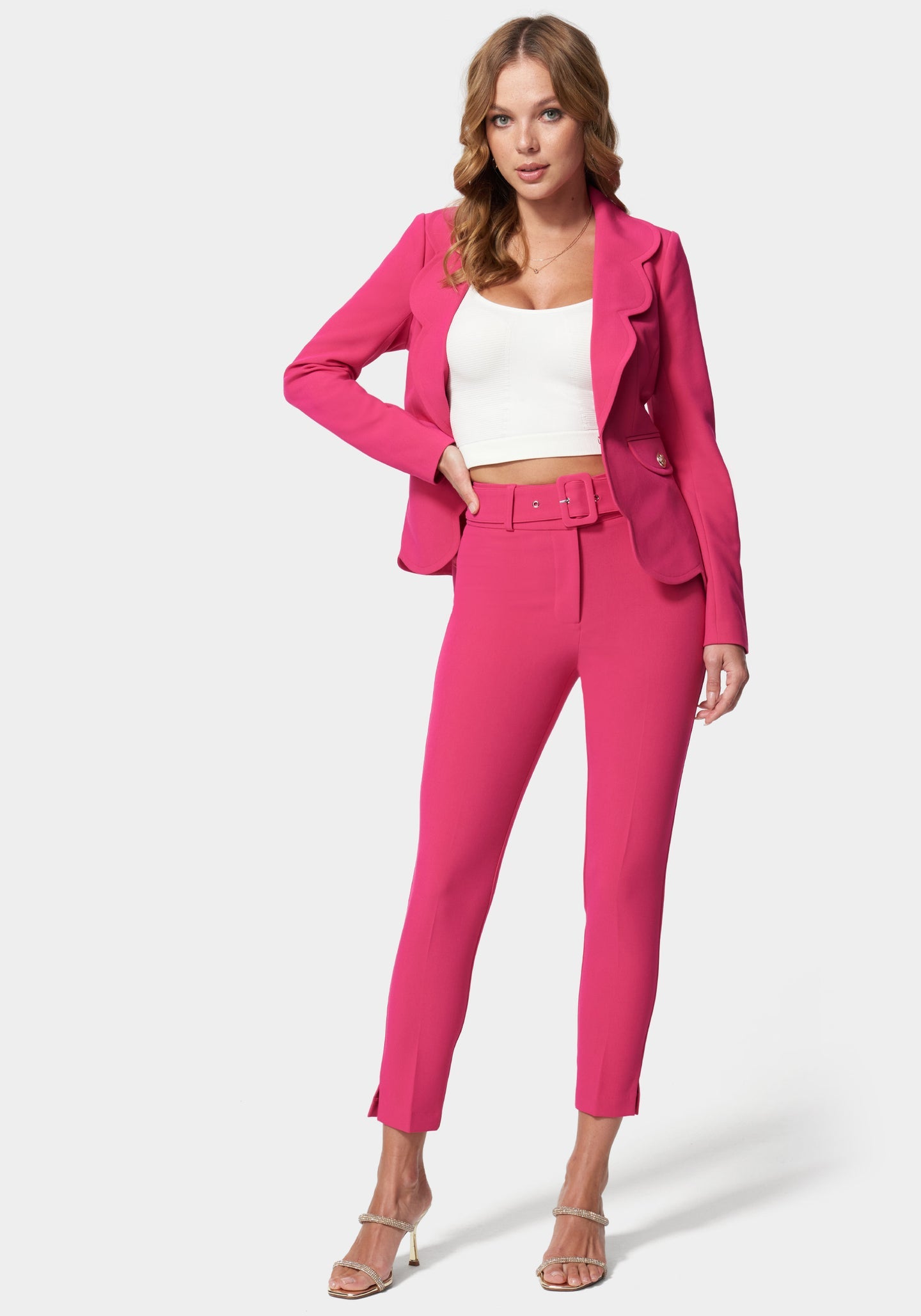 Pink High Waist Slim Leg Belted Pant