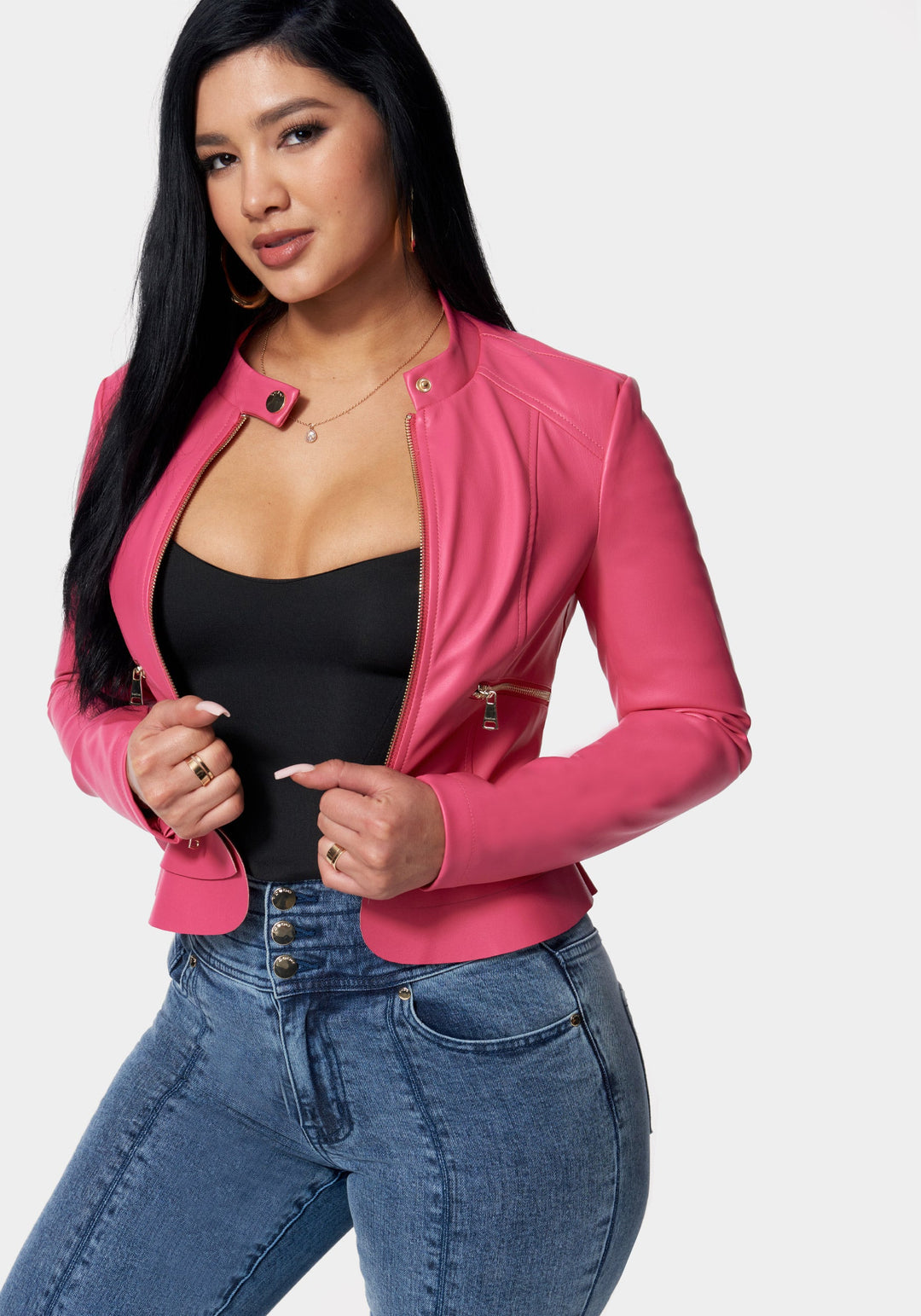 Pink Vegan Leather Zip Front Ruffle Hem Jacket