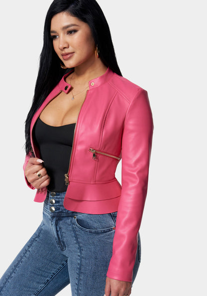 Pink Vegan Leather Zip Front Ruffle Hem Jacket