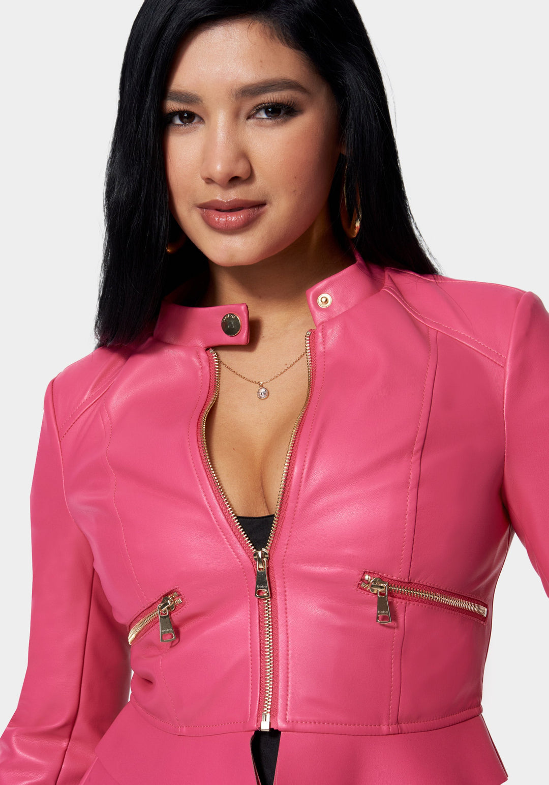 Pink Vegan Leather Zip Front Ruffle Hem Jacket