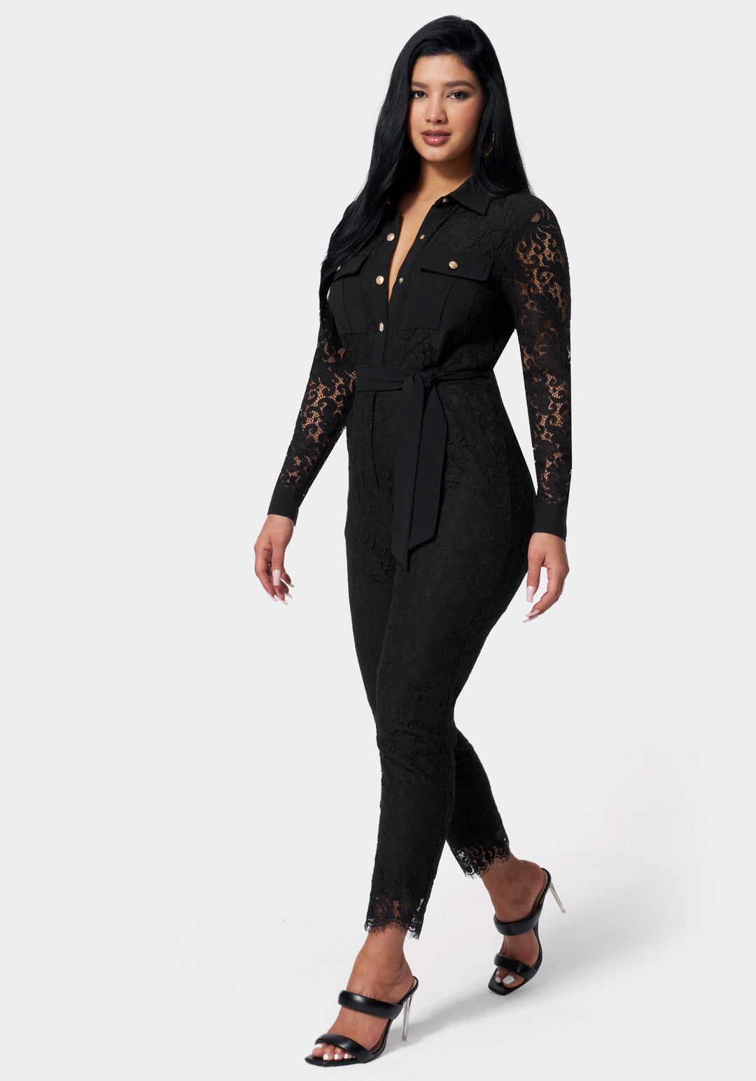 Black Lace Combo Belted Jumpsuit