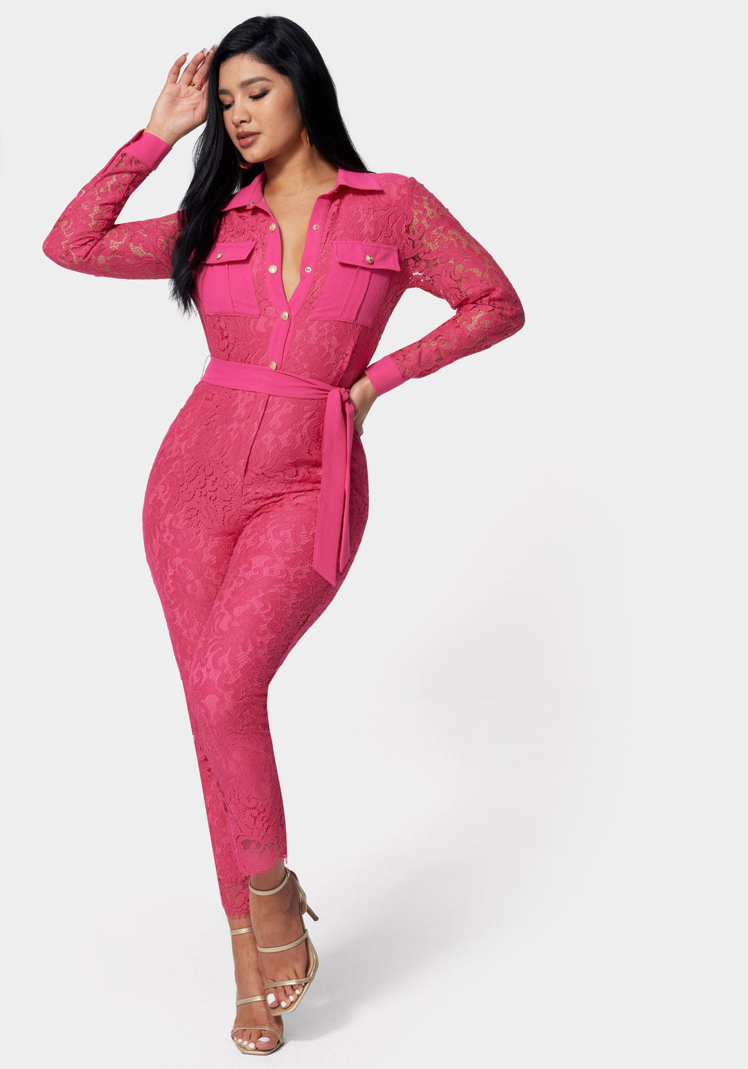 Pink Lace Combo Belted Jumpsuit