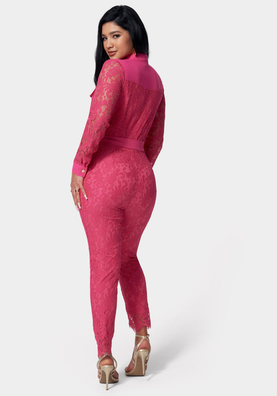 Pink Lace Combo Belted Jumpsuit