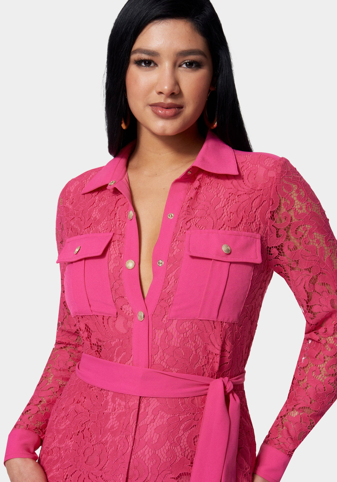 Pink Lace Combo Belted Jumpsuit