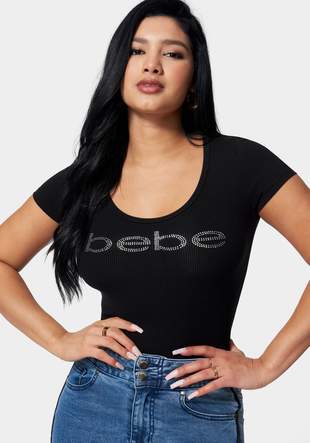 Black Bebe Logo Round Neck Rib Top