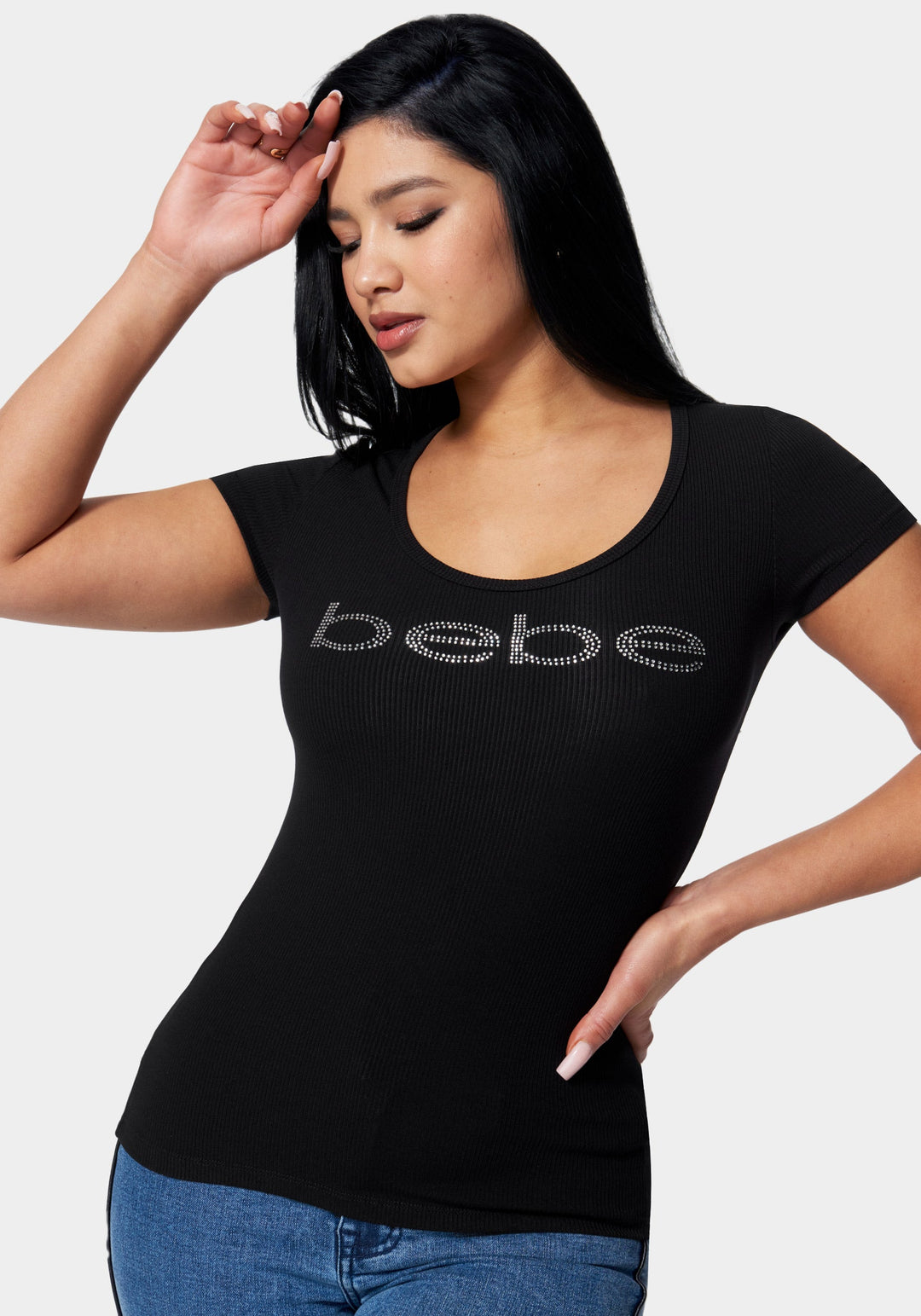 Black Bebe Logo Round Neck Rib Top
