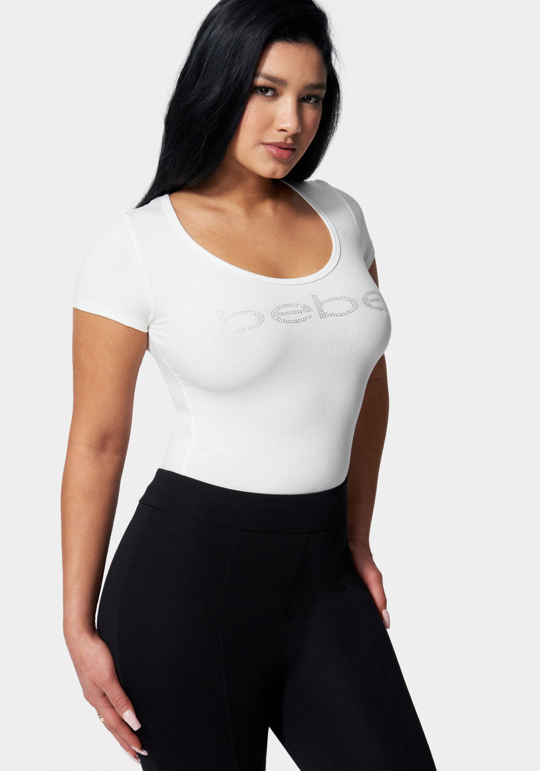 White Bebe Logo Rib Top