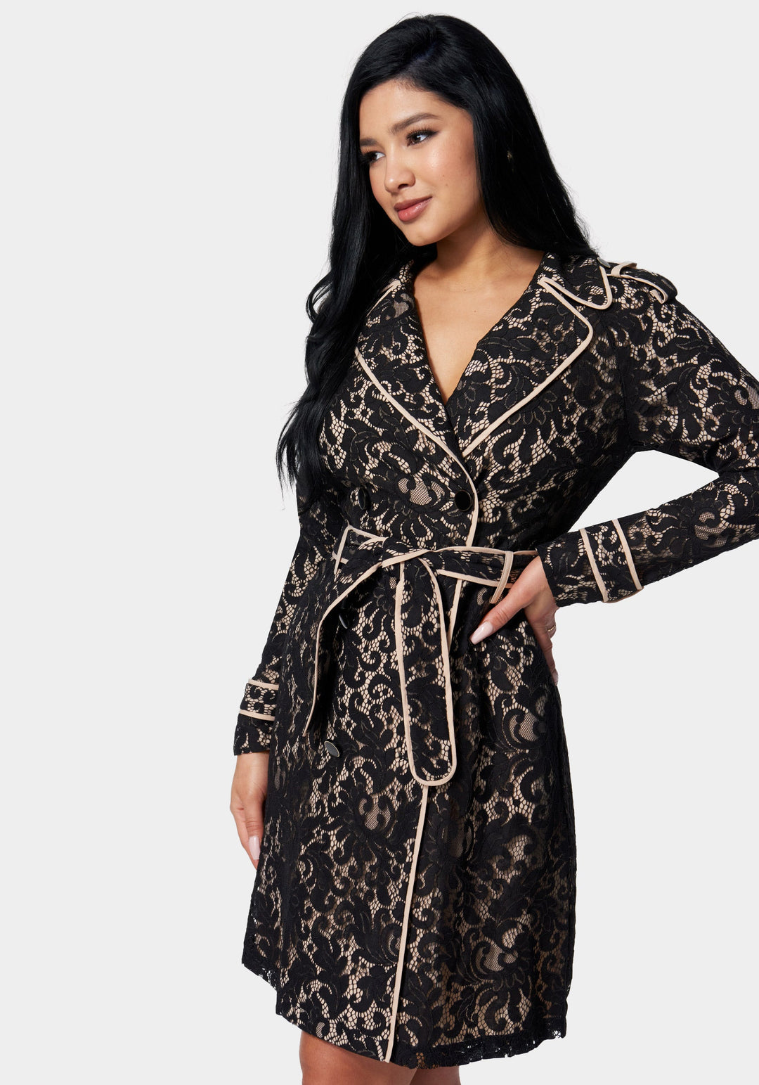 Black / Doeskin Lace Double Breast Contrast Trim Trench Coat