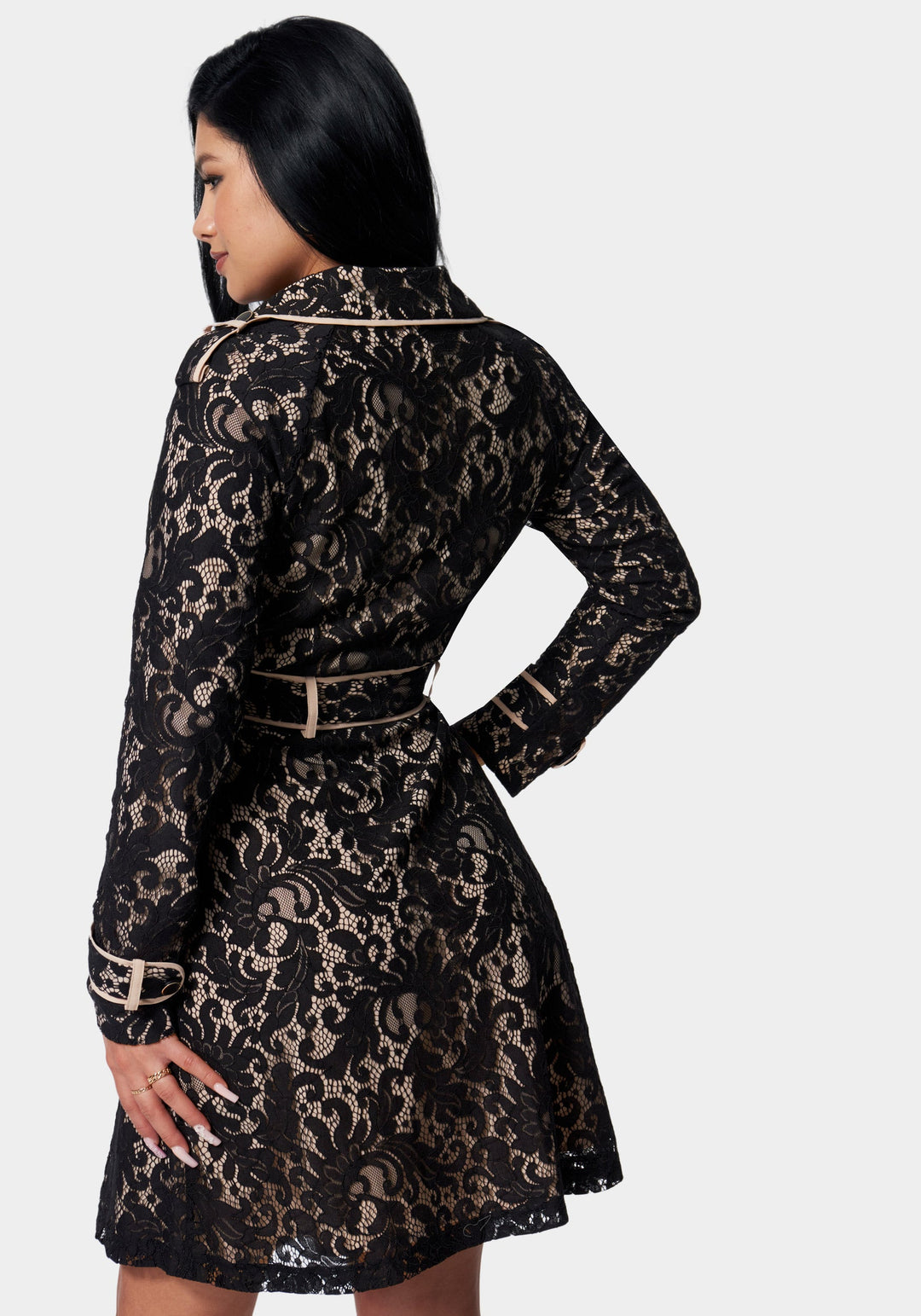 Black / Doeskin Lace Double Breast Contrast Trim Trench Coat