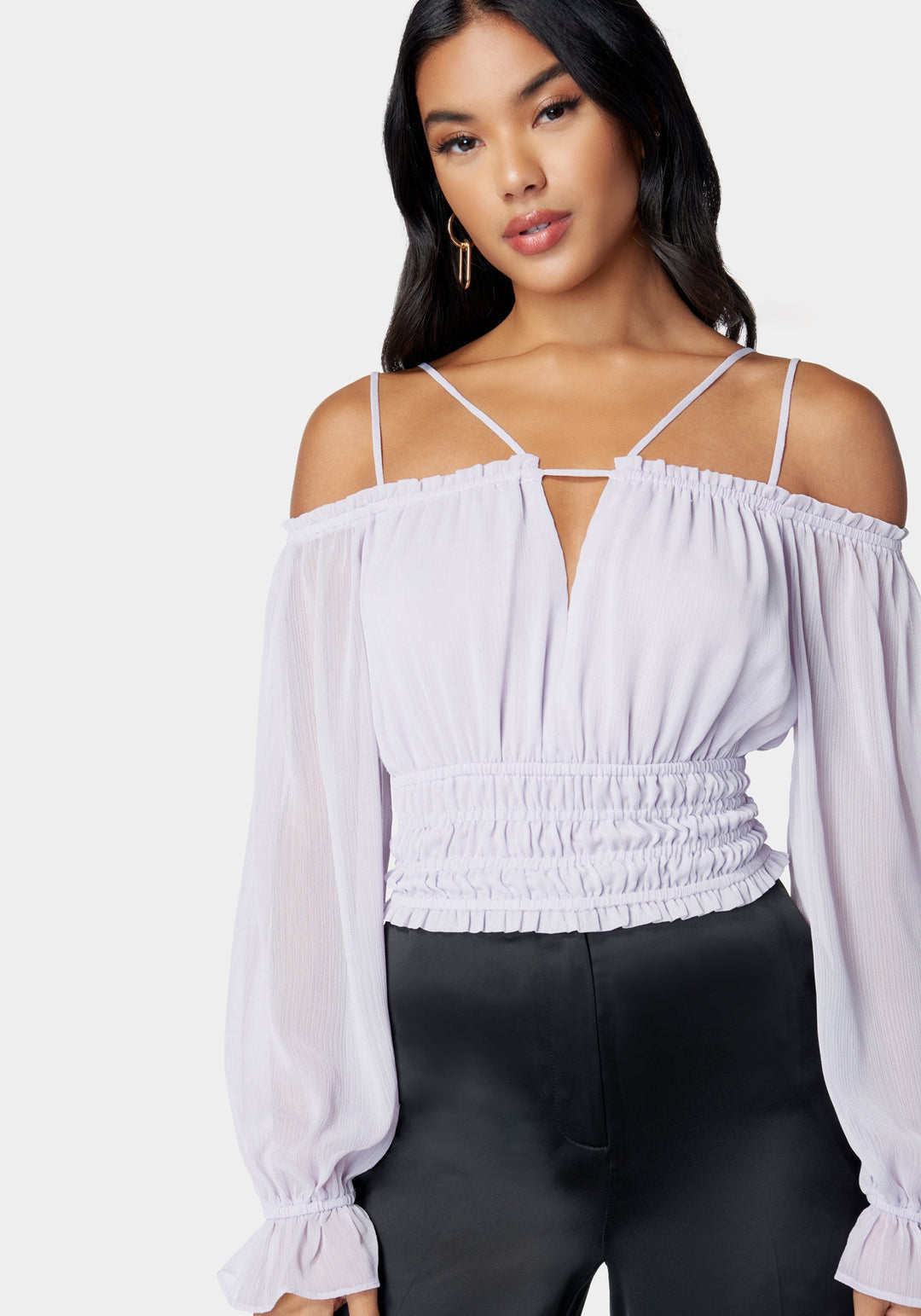 Multi Strap Cold Shoulder Ruched Blouse_107483_Lavender_1