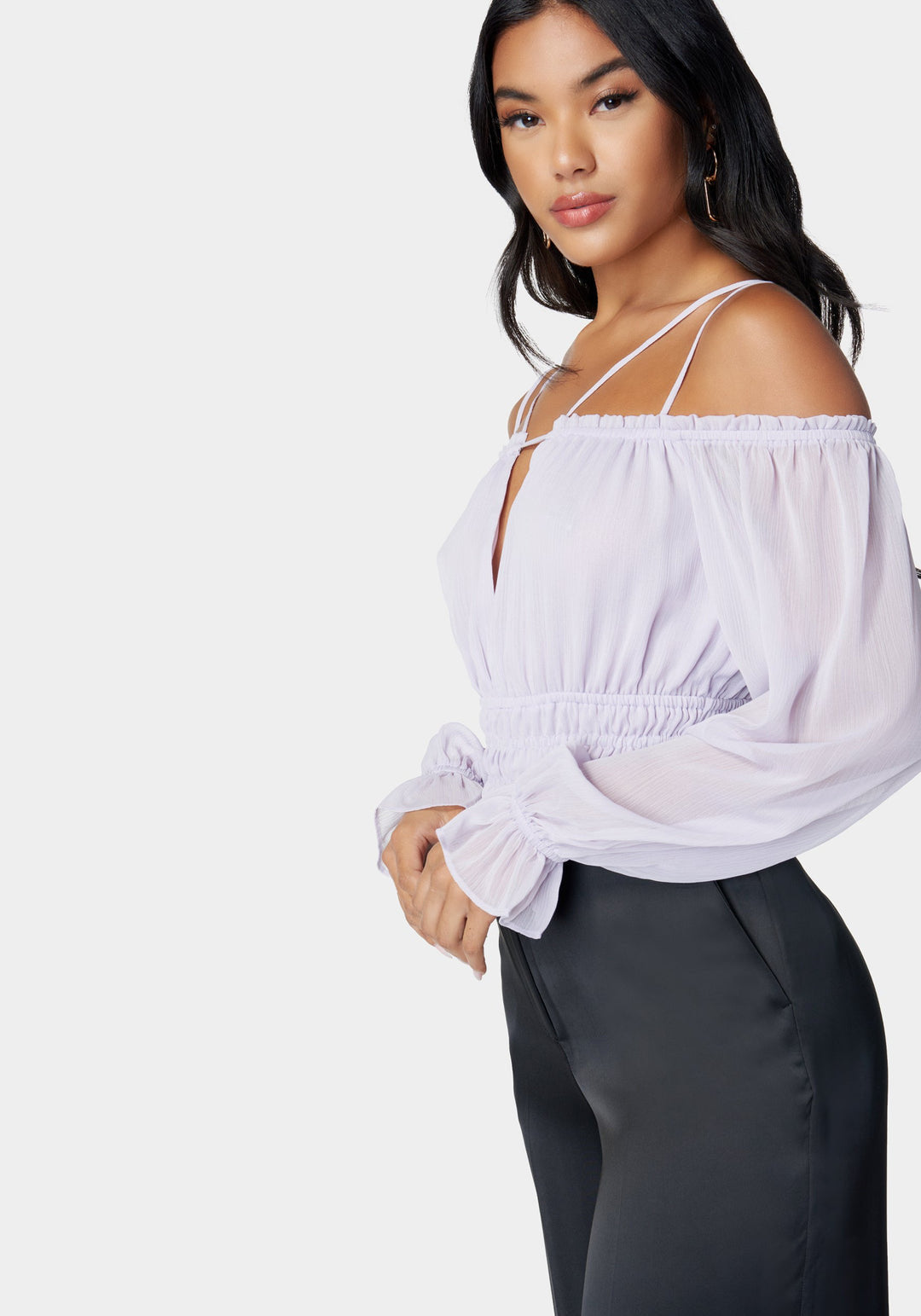 Multi Strap Cold Shoulder Ruched Blouse_107483_Lavender_3