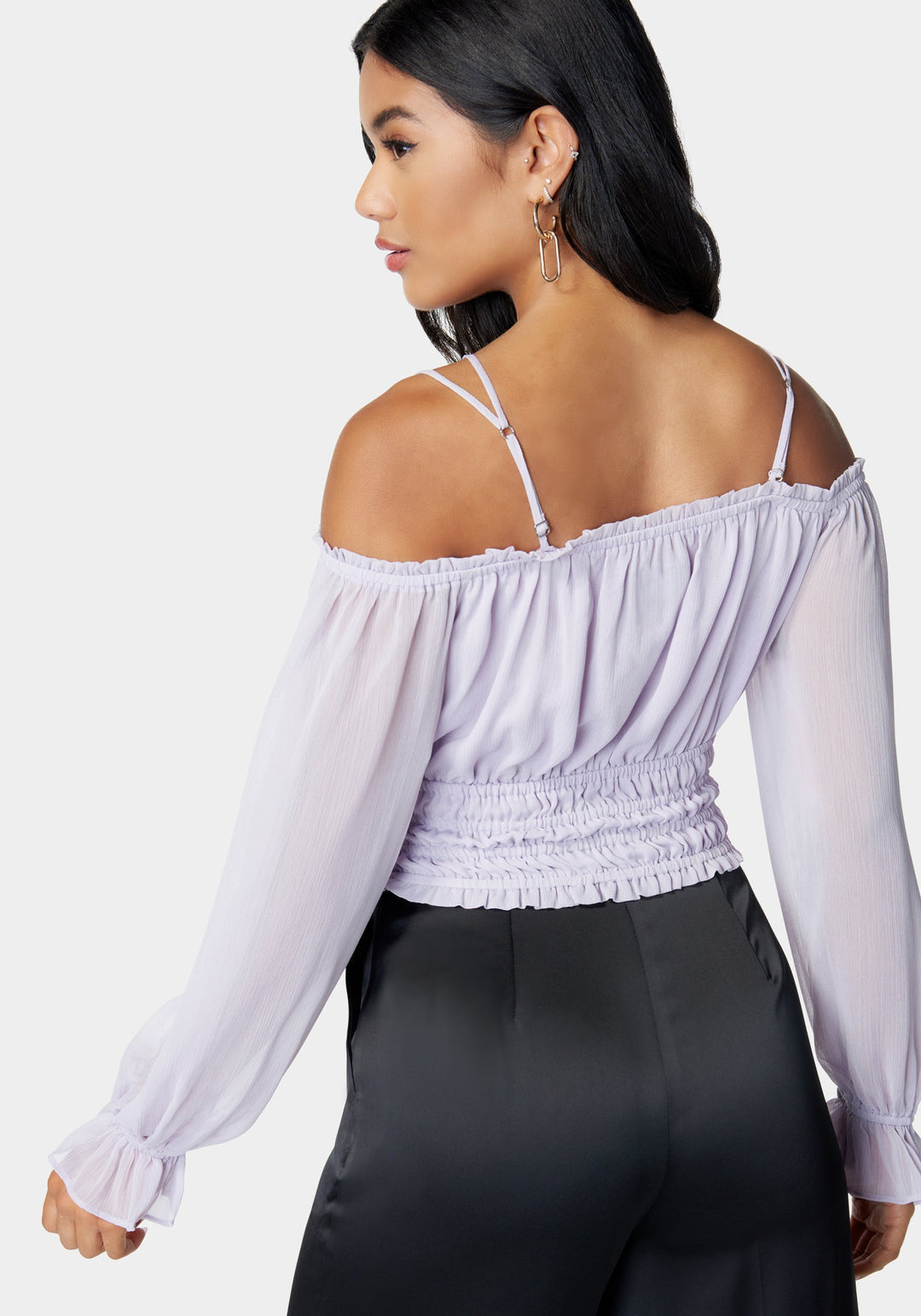 Multi Strap Cold Shoulder Ruched Blouse_107483_Lavender_4