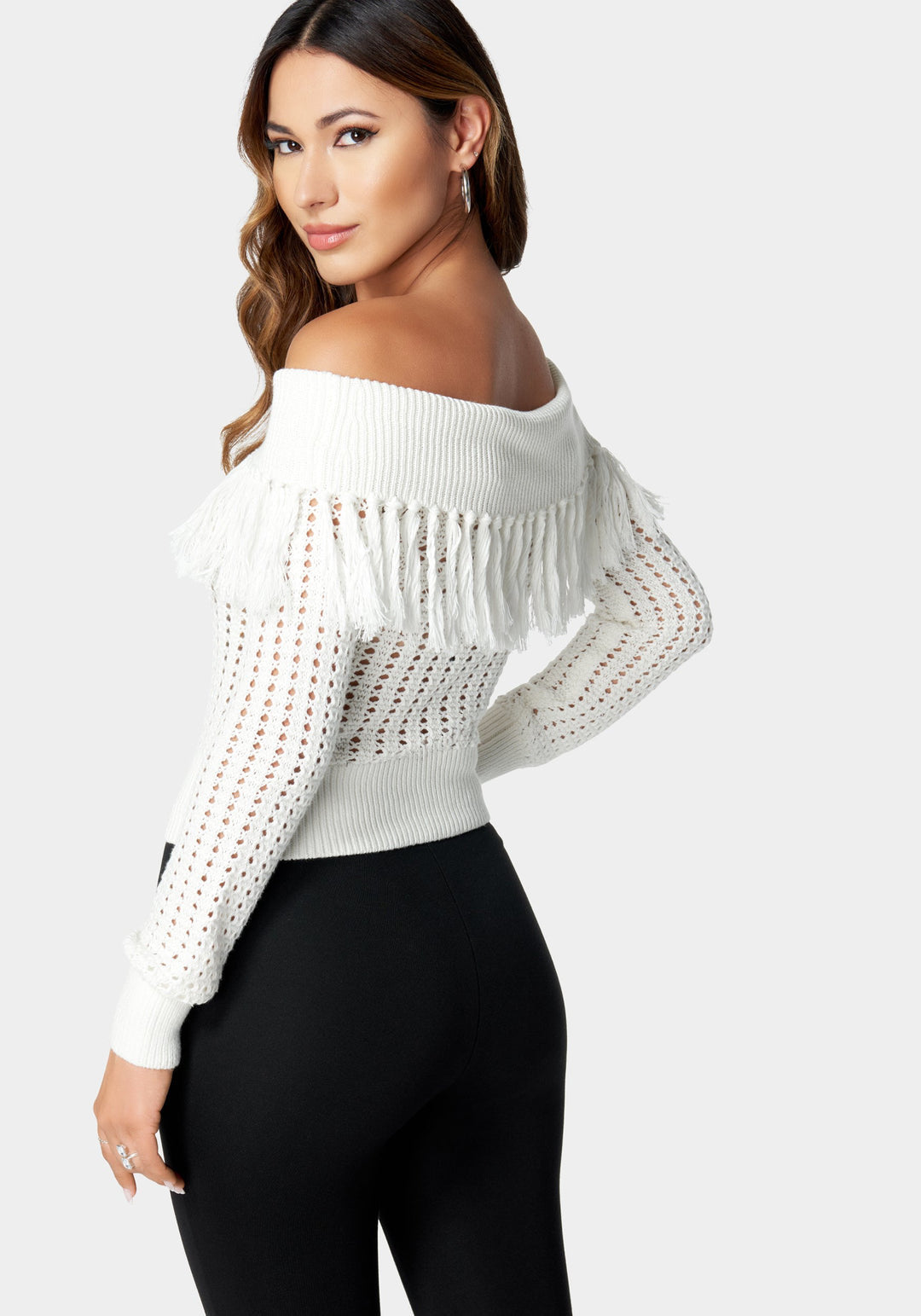Off Shoulder Fringe Detail Sweater_107491_White Alyssum_3