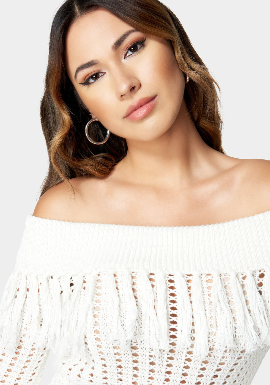 Off Shoulder Fringe Detail Sweater_107491_White Alyssum_4