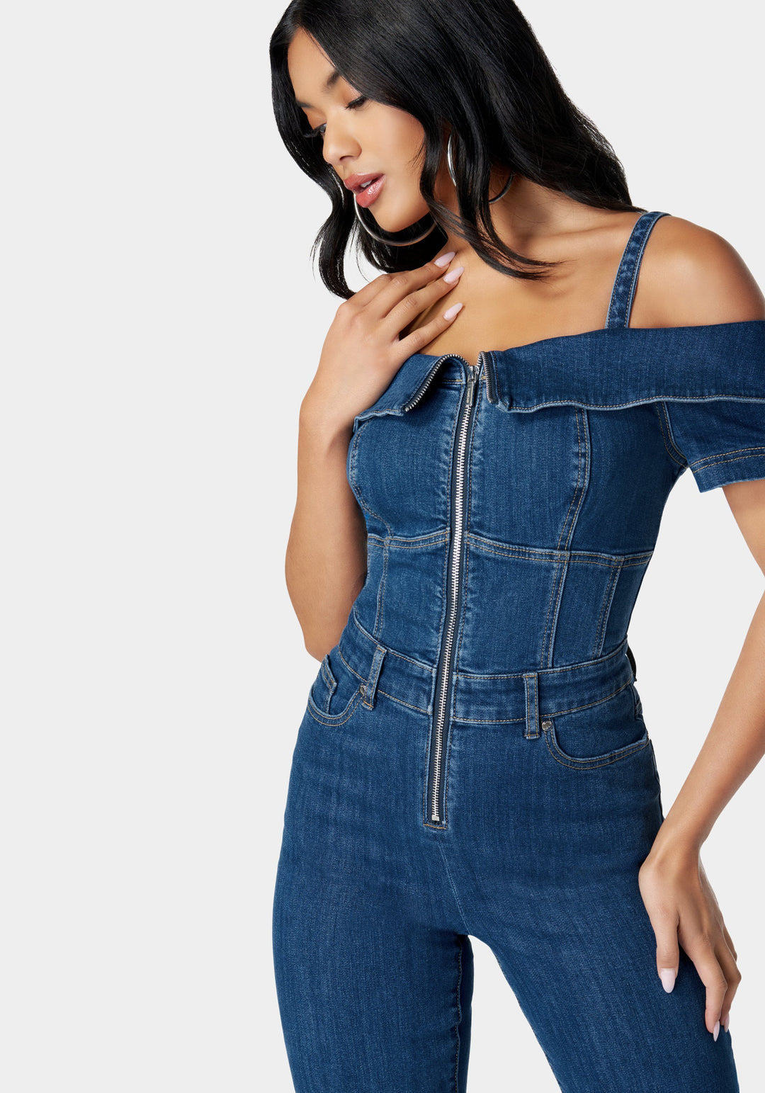 Off Shoulder Zip Front Wide Leg Denim Jumpsuit_107518_True Blue Wash_4