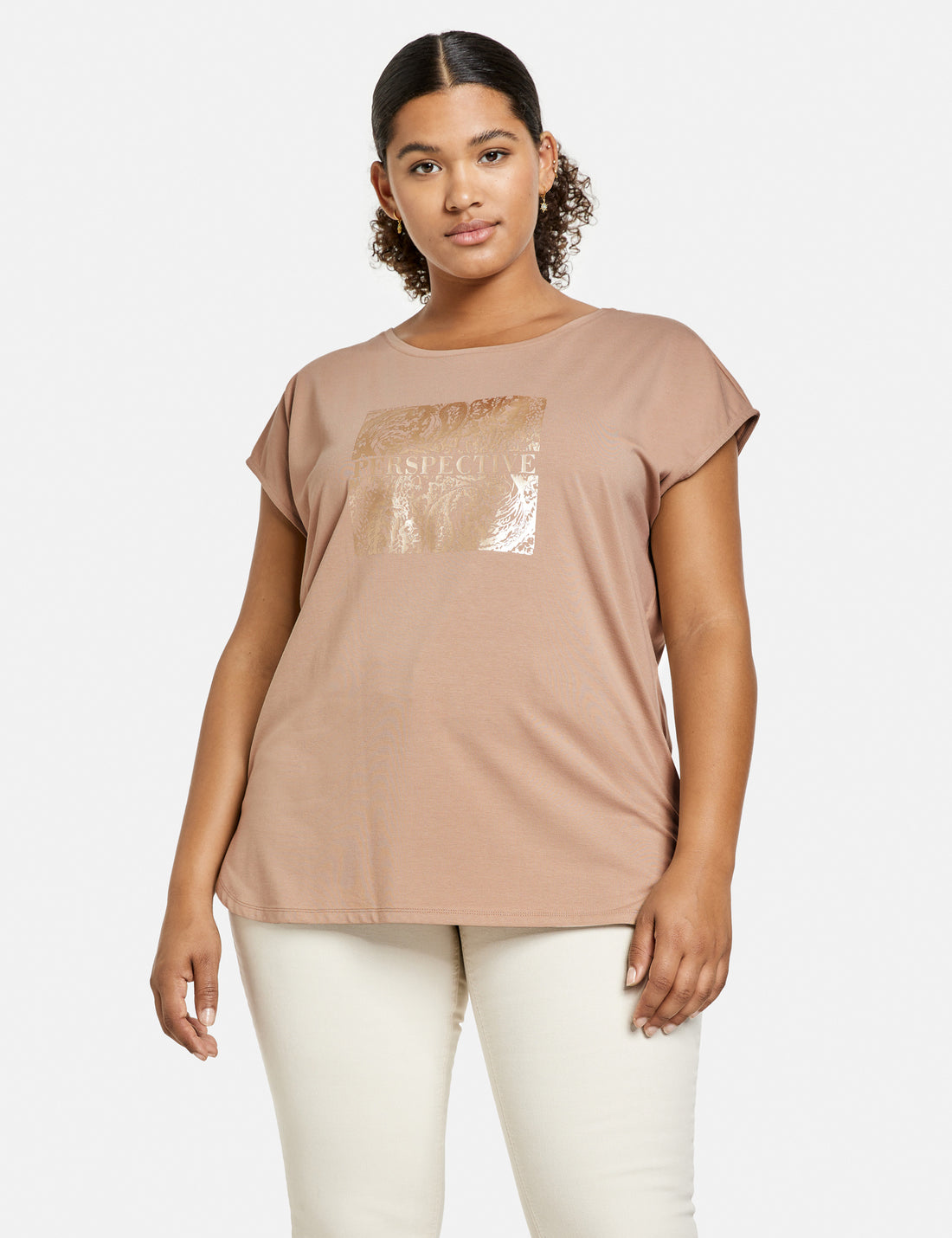 Beige T-Shirt With Metallic Print On The Front