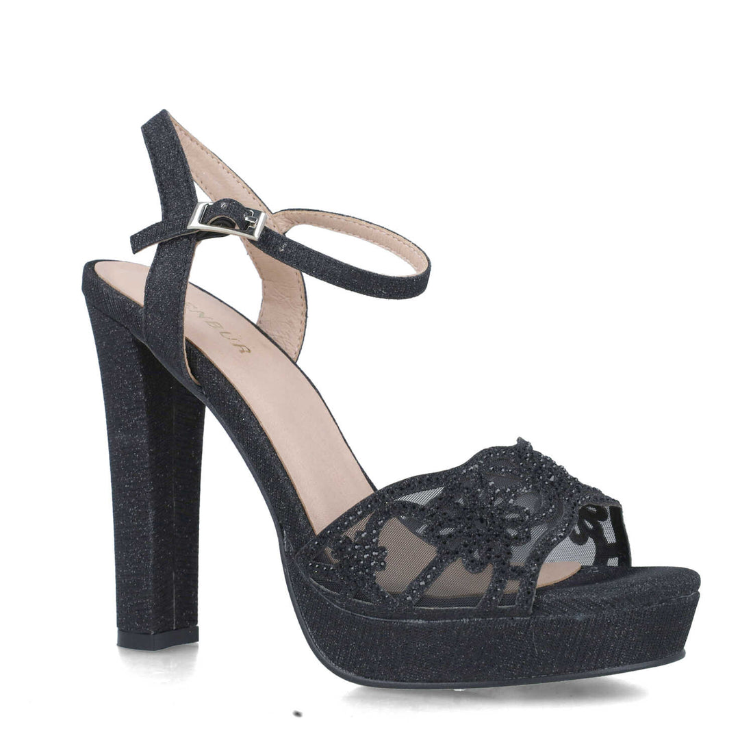 Black Platform Heeled Sandals With Ankle-Strap