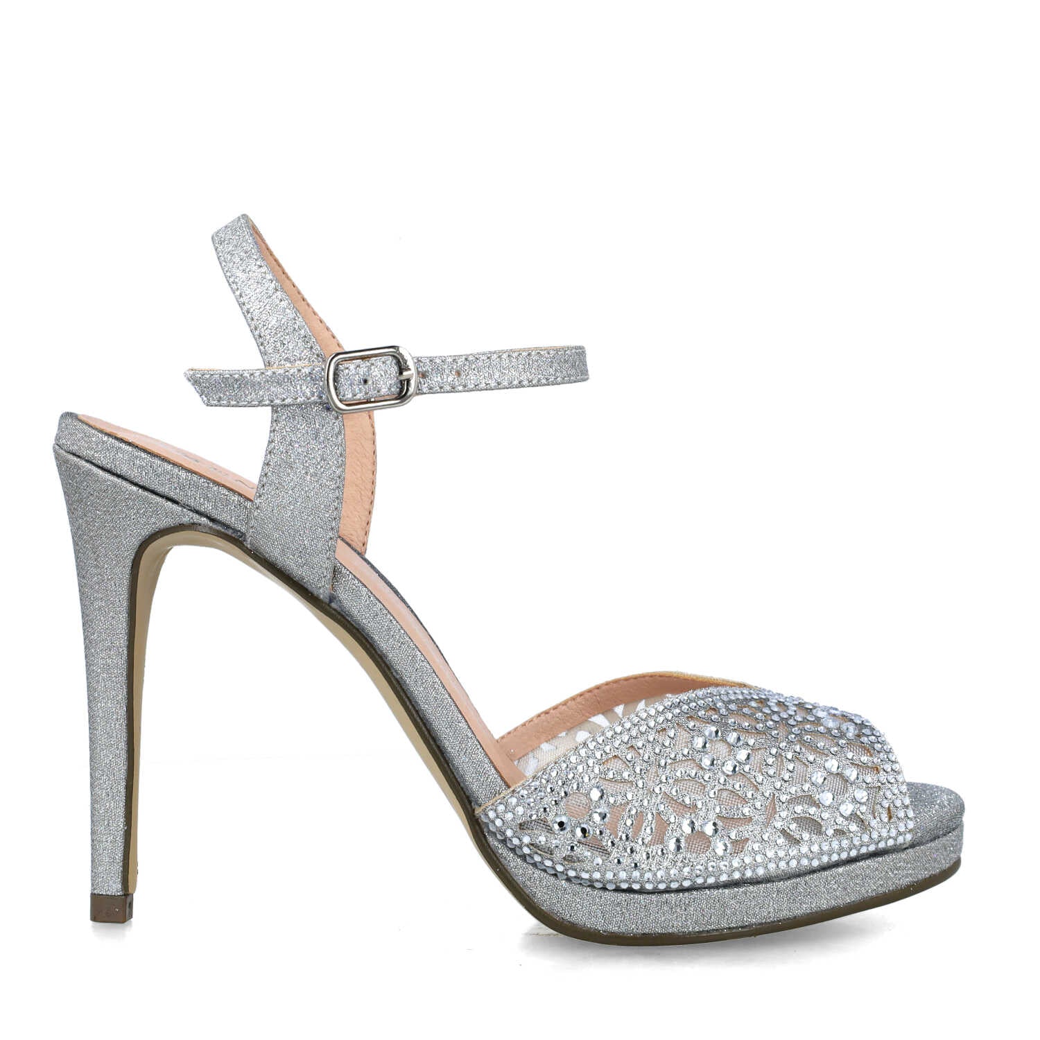 Silver Embellished Peep Toe High Heel Sandals