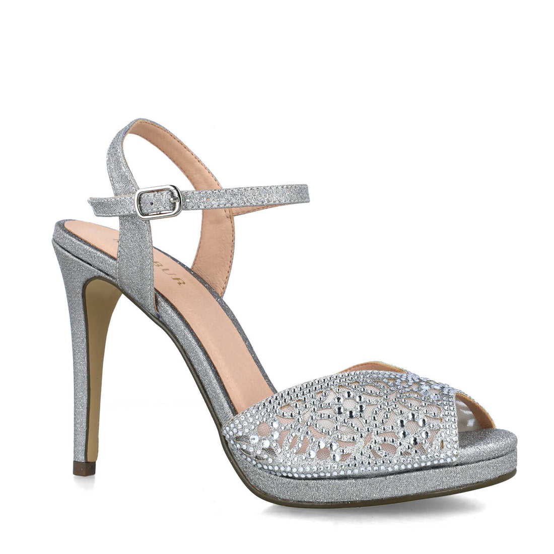 Silver Embellished Peep Toe High Heel Sandals