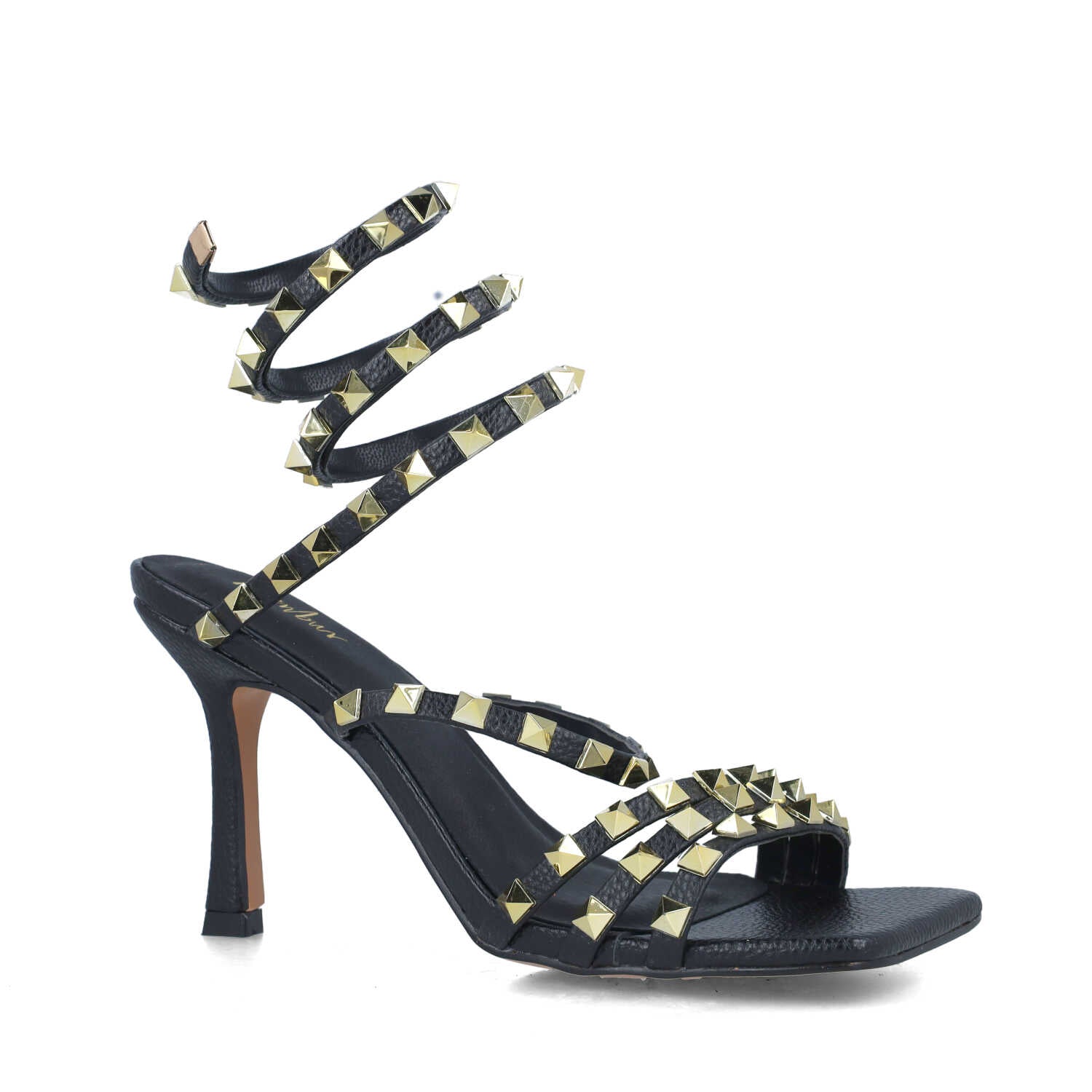 Black Studded Ankle-Wrap High-Heel Sandals